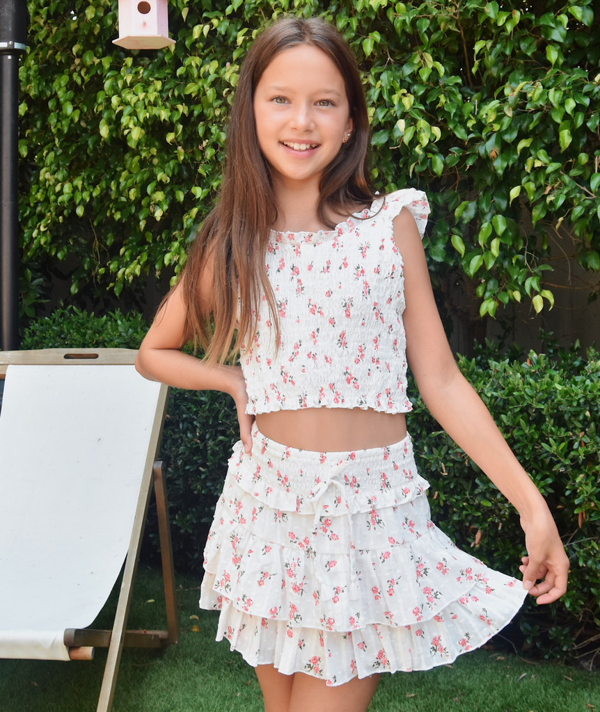 FBZ Girls White Floral Smock Tie Top Girls Casual Tops FBZ Flowers By Zoe   