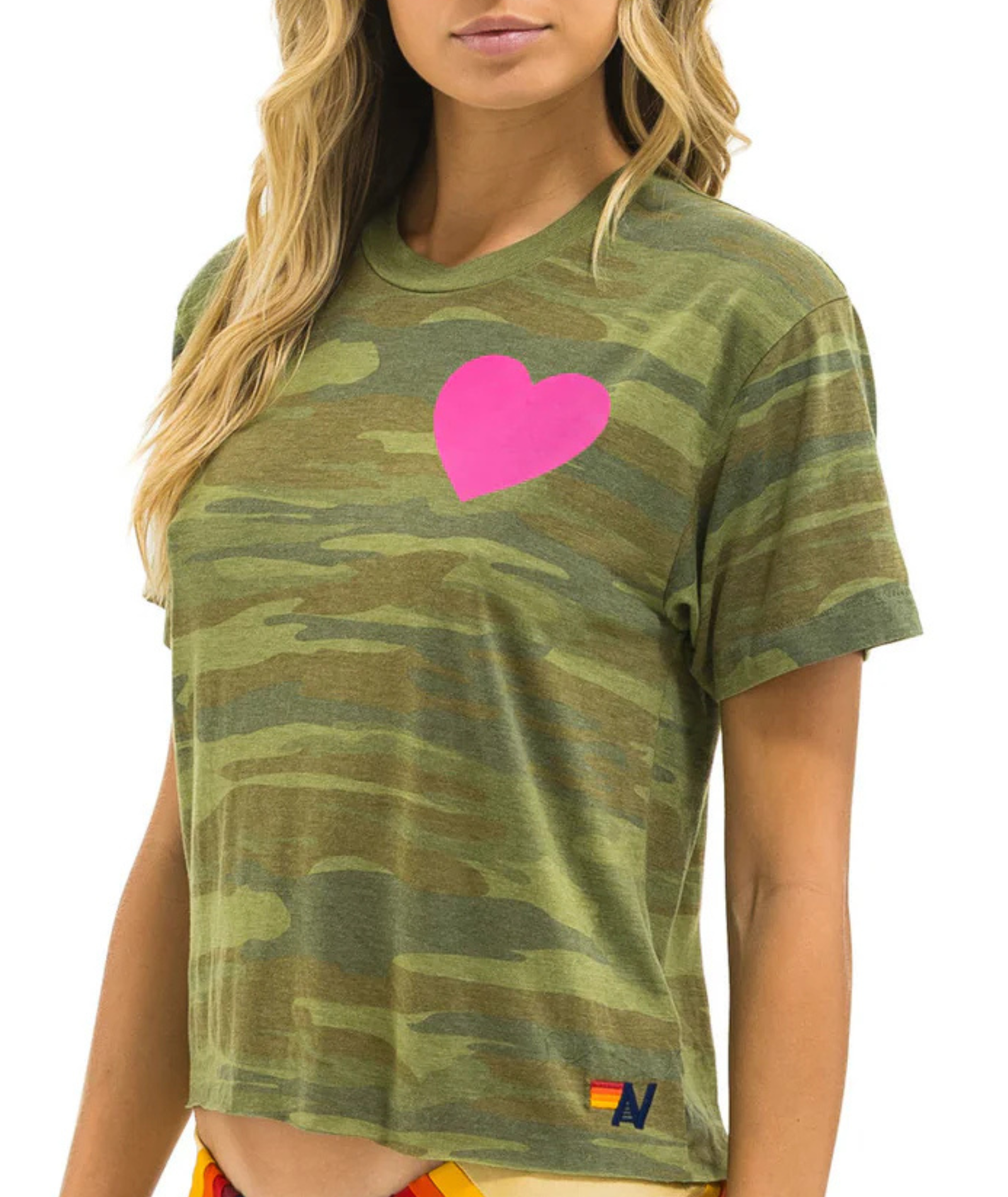 Aviator Nation Women Heart 2 Boyfriend Tee Camo/Neon Pink Womens Casual Tops Aviator Nation