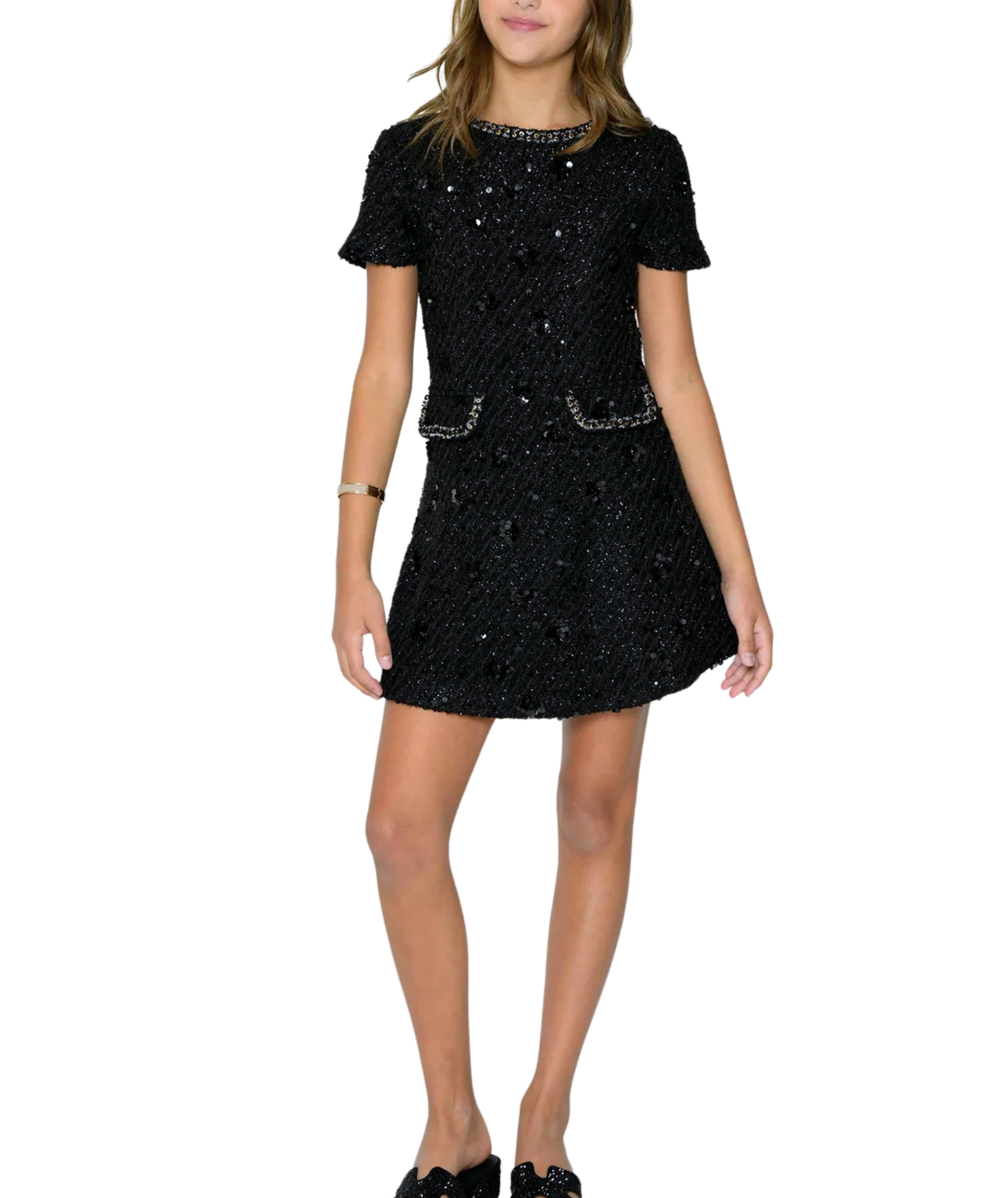 Katie J NYC Girls Miren Cap Sleeve Beaded Boucle Dress
