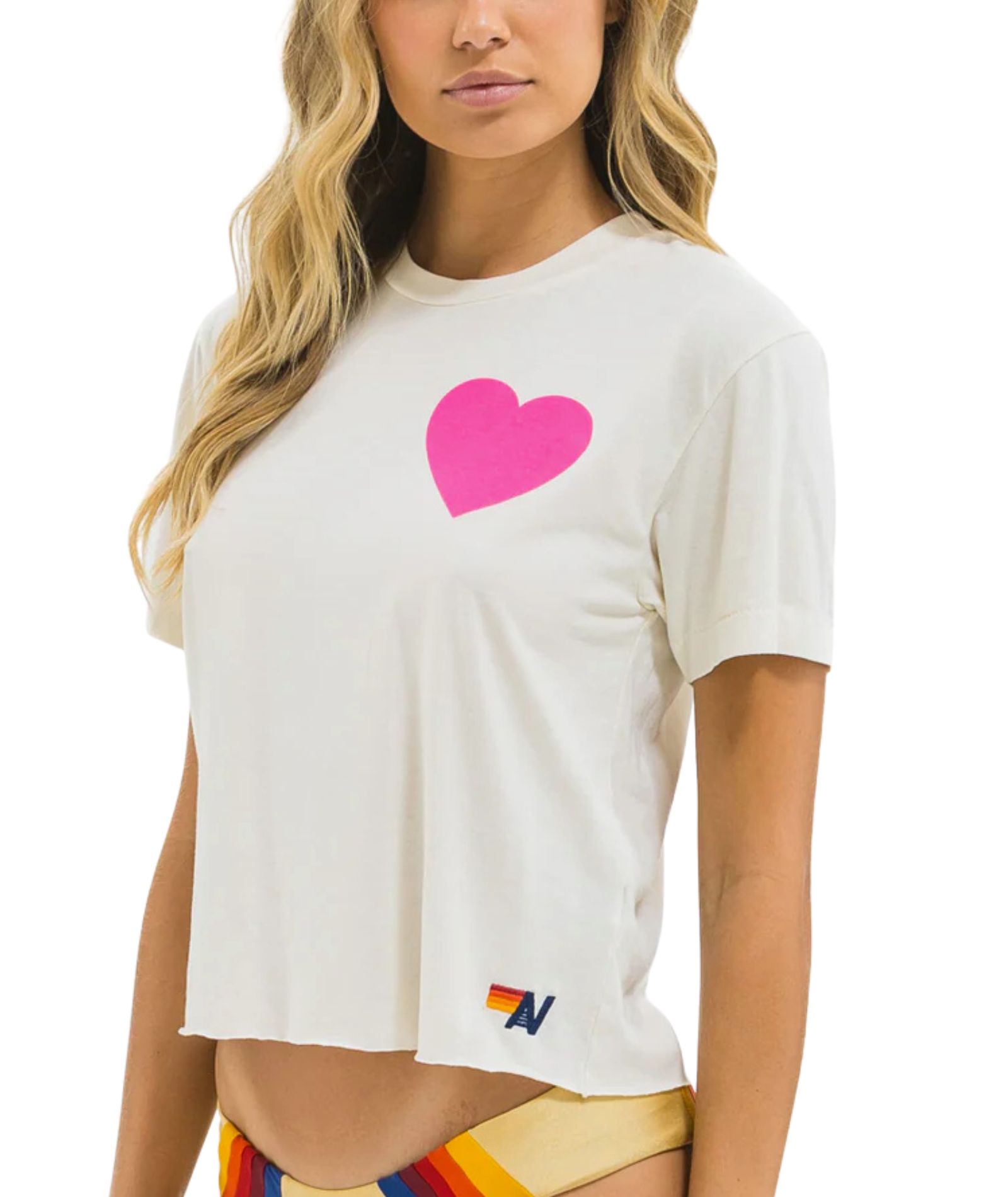 Aviator Nation Women Heart Boyfriend Tee Vintage White/Neon Pink Womens Casual Tops Aviator Nation
