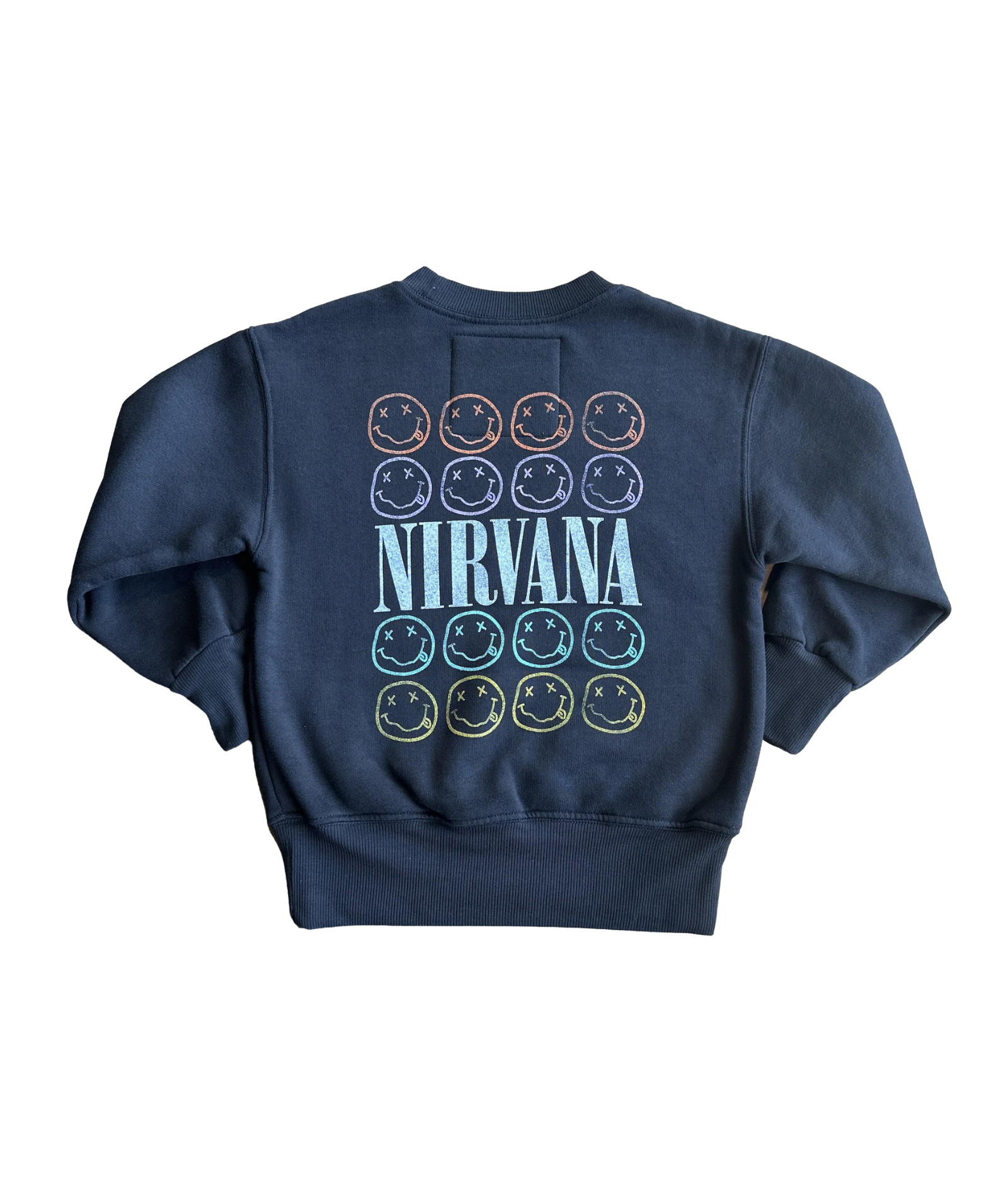 Rowdy Sprout Girls Nirvana Smiley Crew Sweatshirt Washed Black Girls Casual Tops Rowdy Sprout