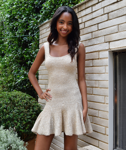 Sarajane Sequin Stretch Knit Mini Dress Honey Gold / XXS