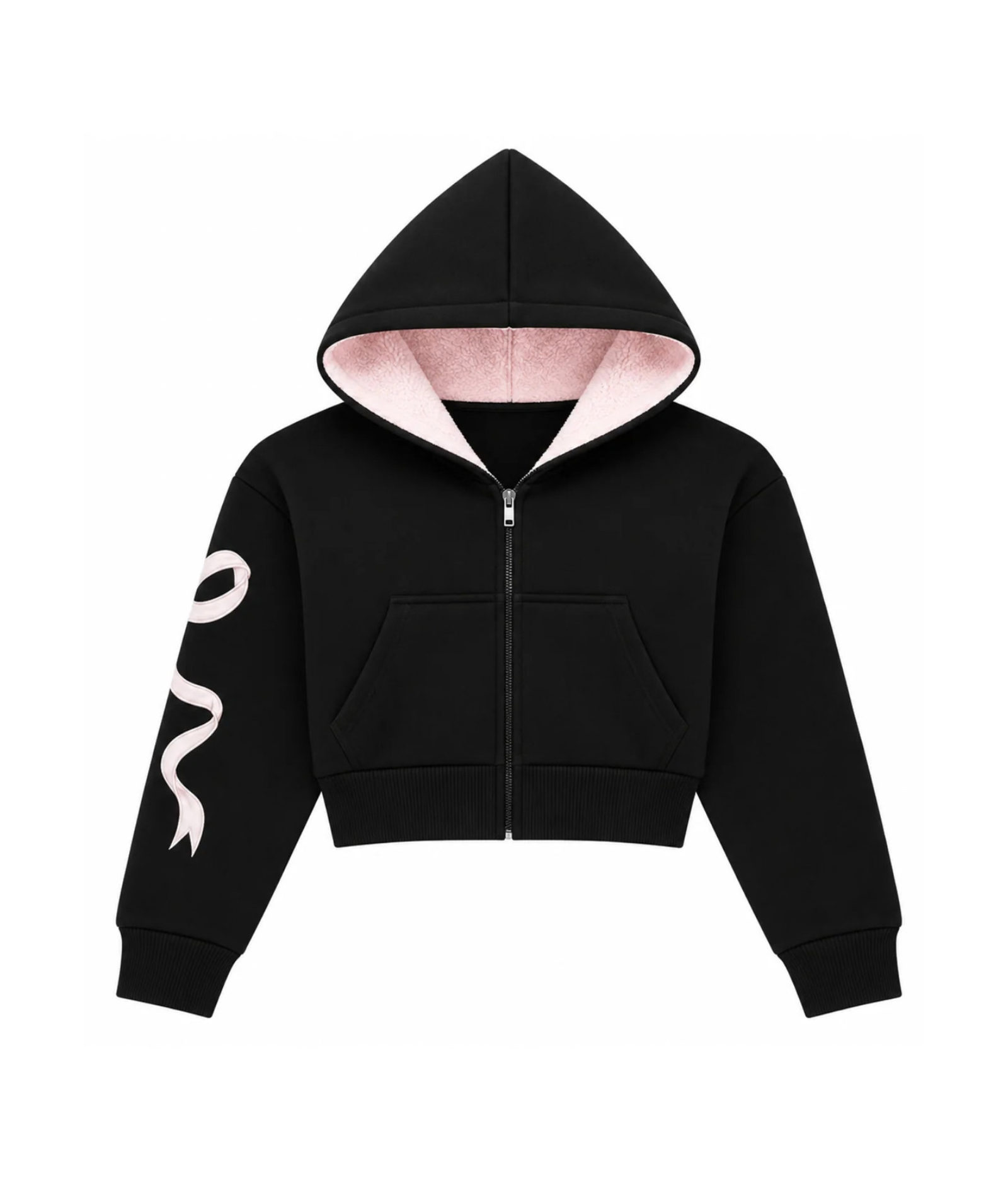 Katie J NYC Girls Dylan Bow Crop Zip Hoodie Black/Baby Pink Lace