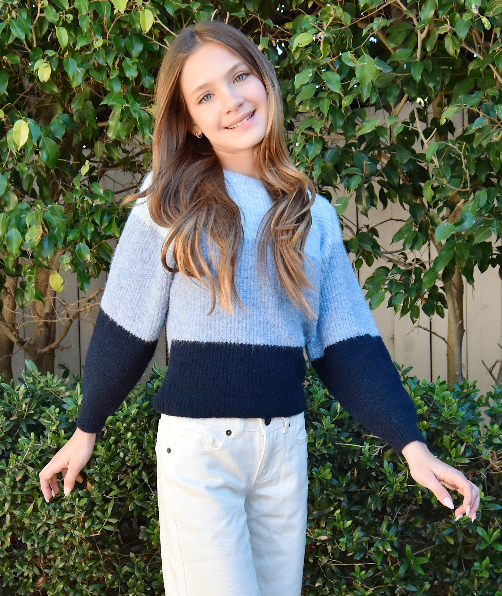 Central Park West Girls Tri-Color Striped Crewneck Sweater Blue Girls Casual Tops Central Park West Girls   