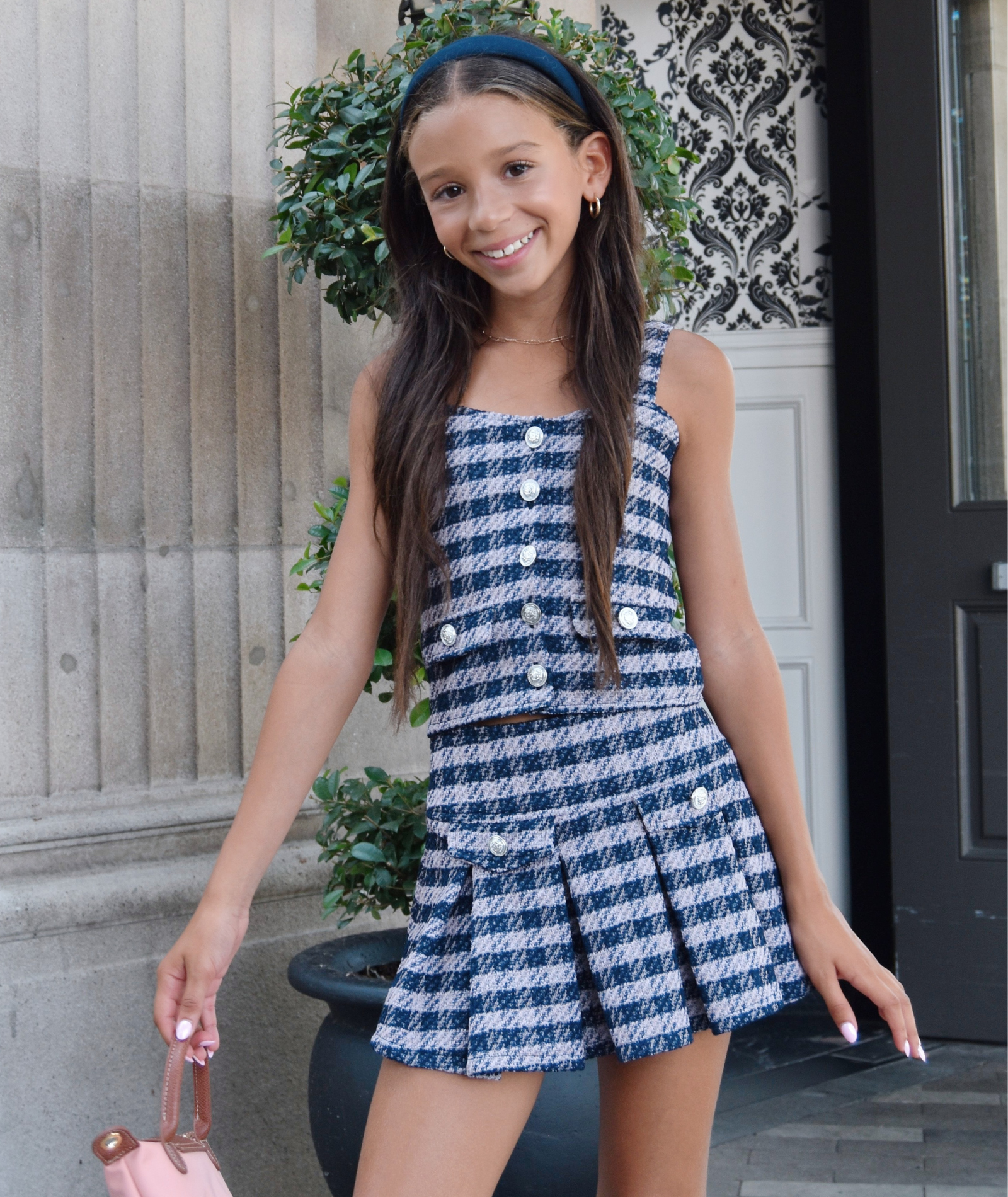 FBZ Girls Freddie Blue Houndstooth Tweed Tank