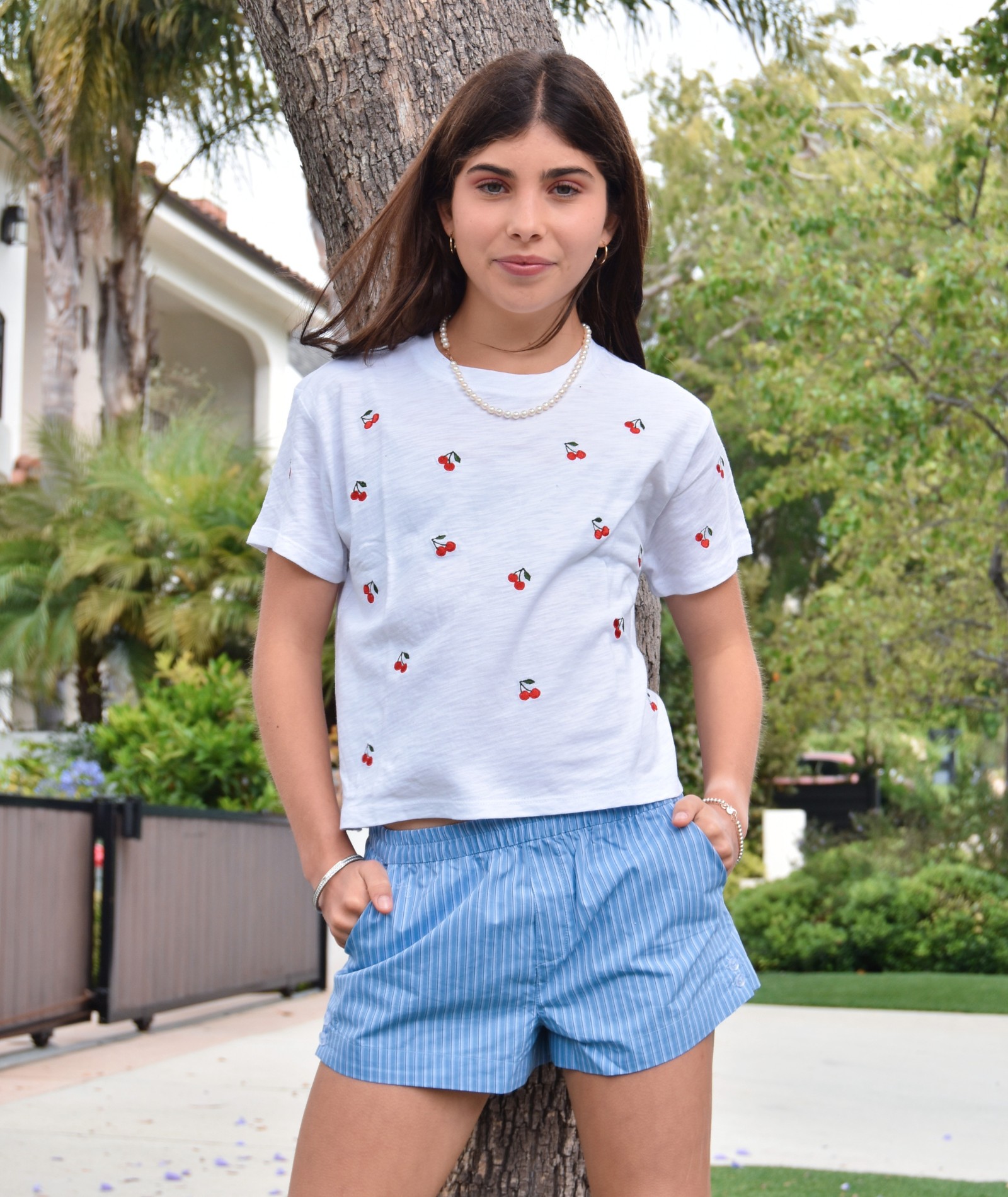 Katie J NYC Girls Briana Blue Pinstripe Boxer Shorts Girls Casual Bottoms Katie J NYC Striped Y/S (7/8)