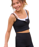 Patty Double Layer Crop Cami Tank Girls Casual Tops Malibu Sugar Black One Size Fits Most (Y/7-Y/14)