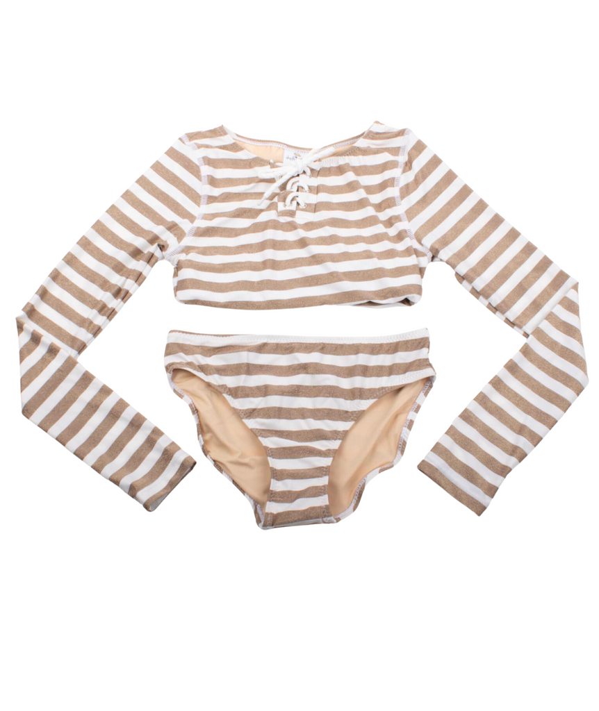 Shade Critters Girls Crop Lace Up Rash Guard Set Gold Stripe Accessories Shade Critters