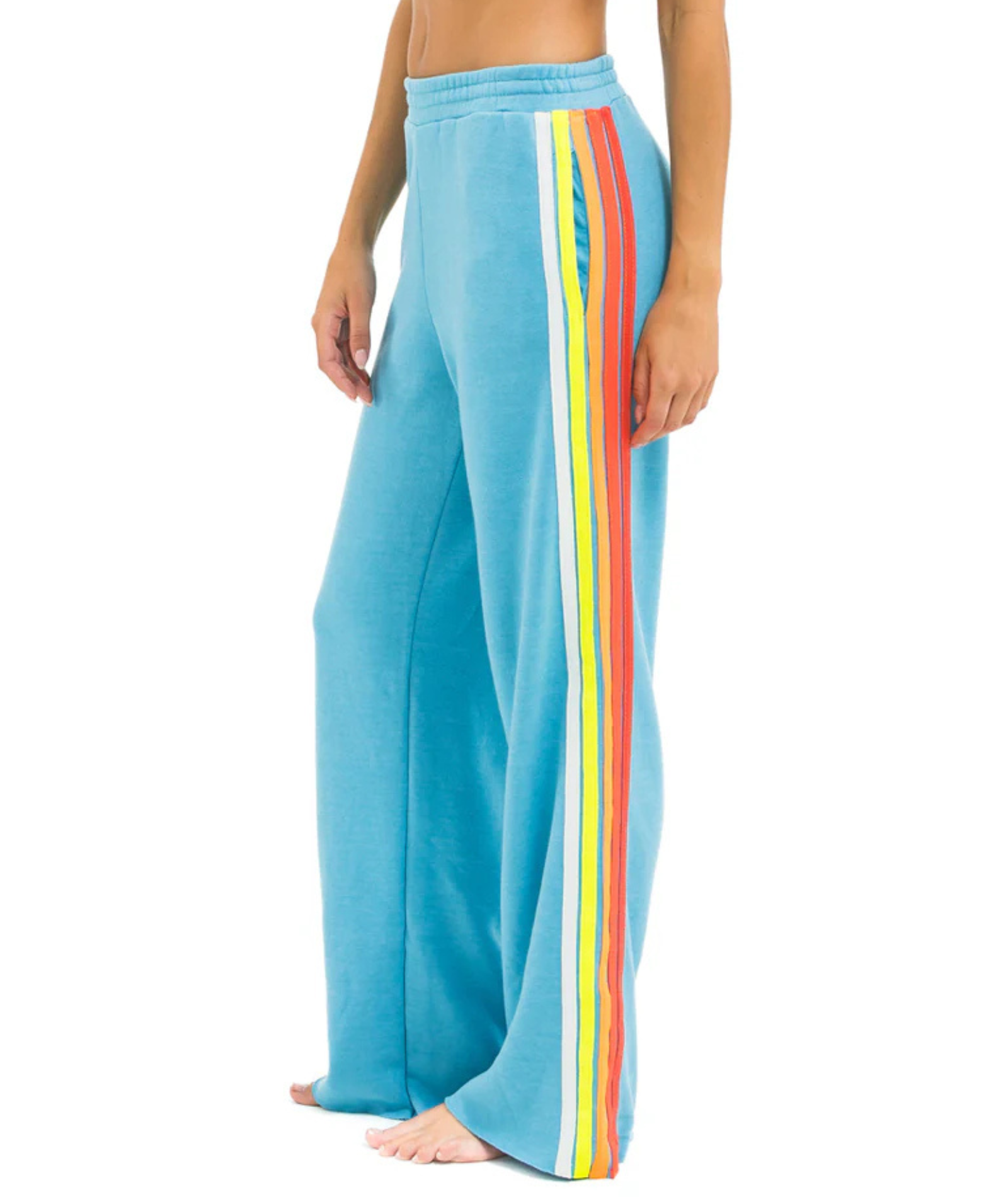 Aviator Nation Women Wide Leg 5 Stripe Pocket Sweatpants Aquamarine/White Neon Womens Casual Bottoms Aviator Nation Blue Juniors/Women XS