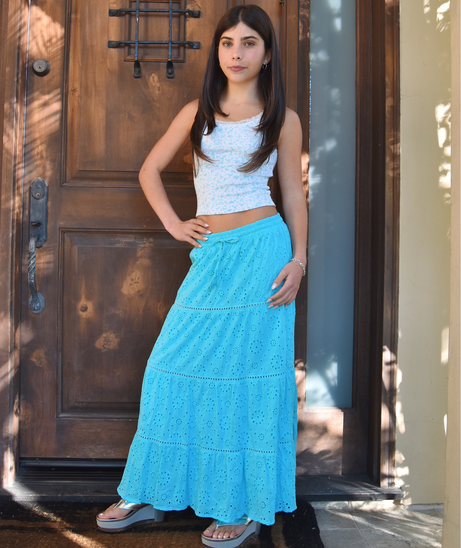 FBZ Girls Aria Neon Aqua Eyelet Maxi Skirt Girls Casual Bottoms FBZ Flowers By Zoe Blue Y/5