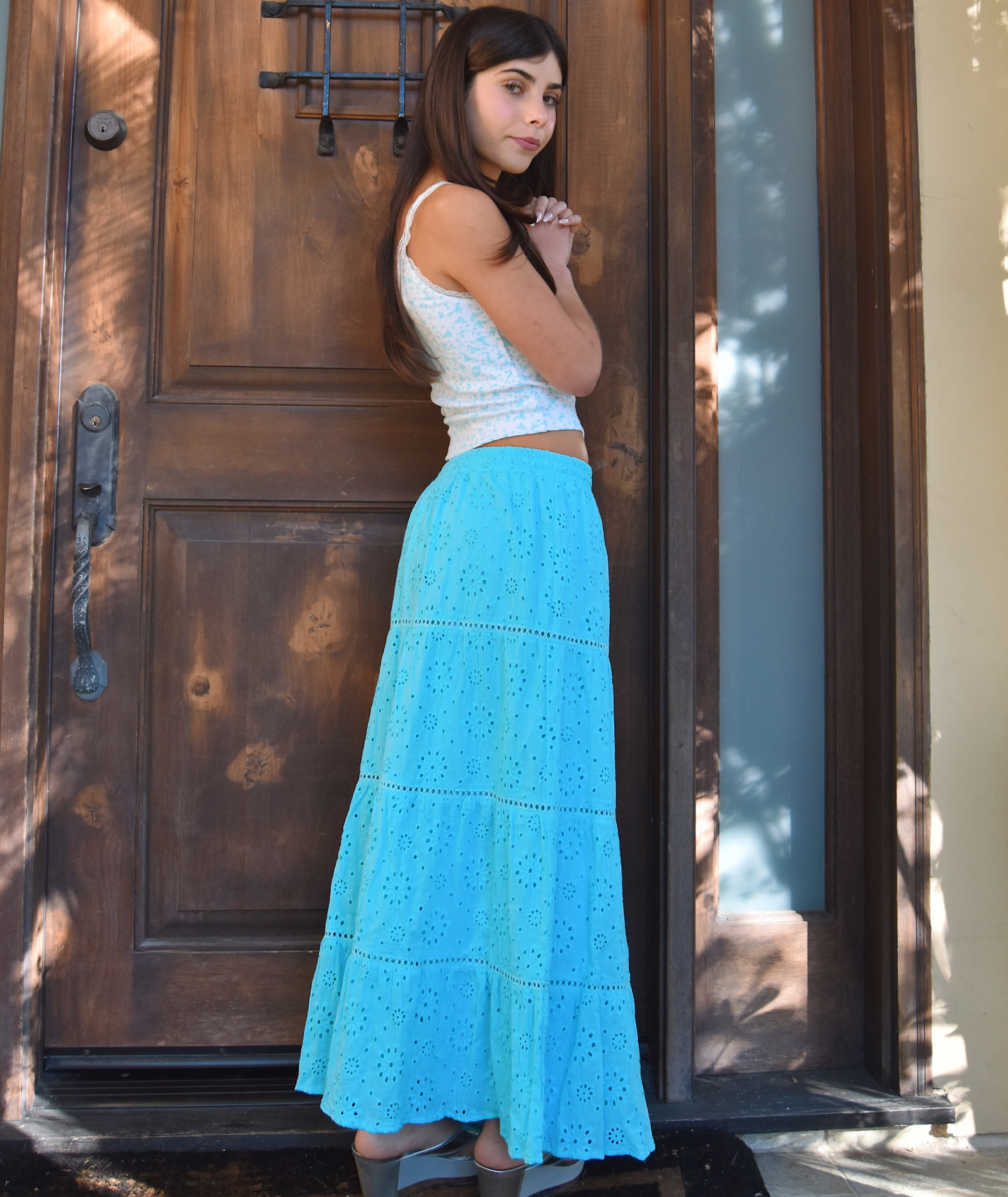 FBZ Girls Aria Neon Aqua Eyelet Maxi Skirt Girls Casual Bottoms FBZ Flowers By Zoe