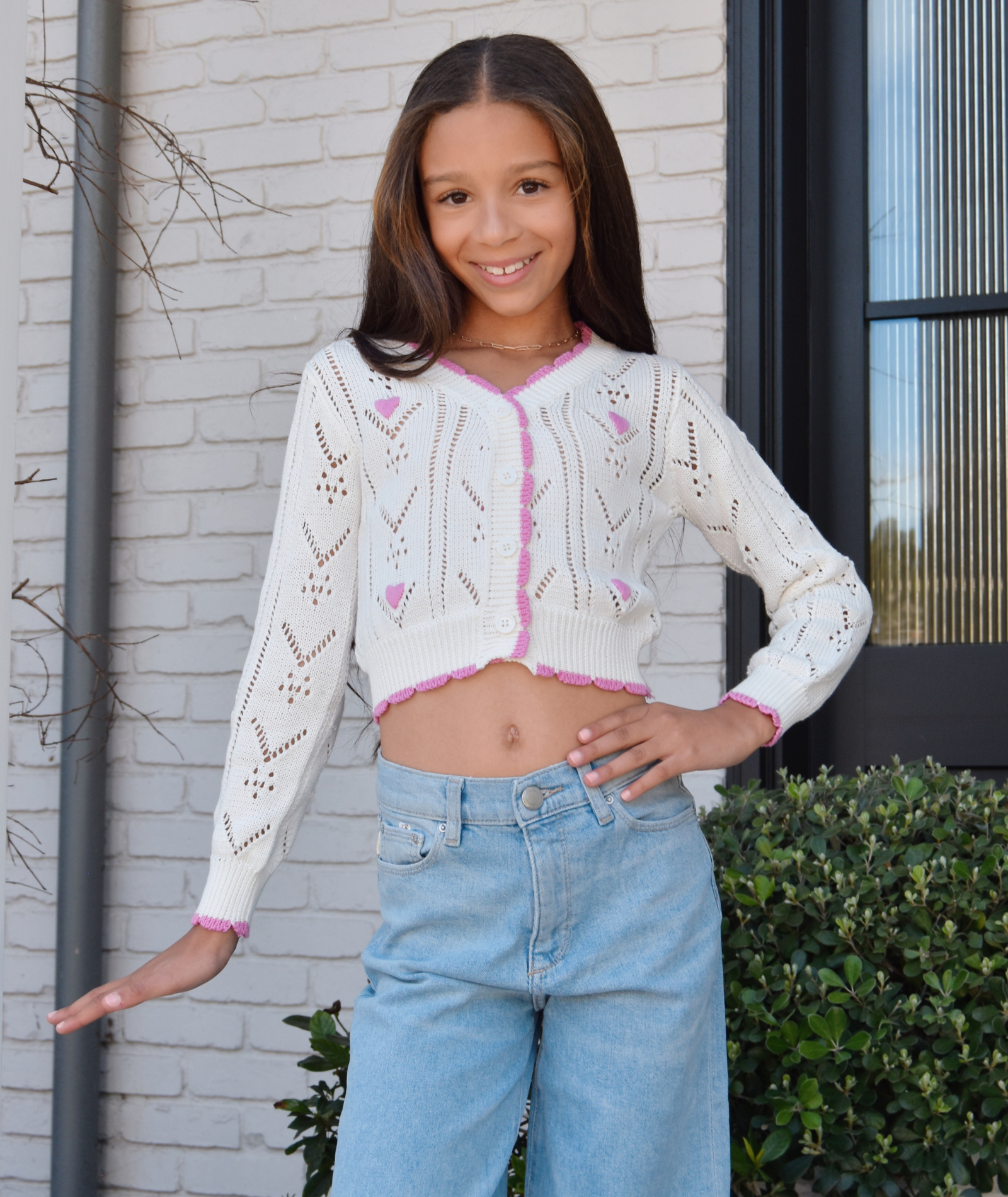 FBZ Girls Lucie Crochet Pink Heart Cardigan Girls Casual Tops FBZ Flowers By Zoe White Y/4