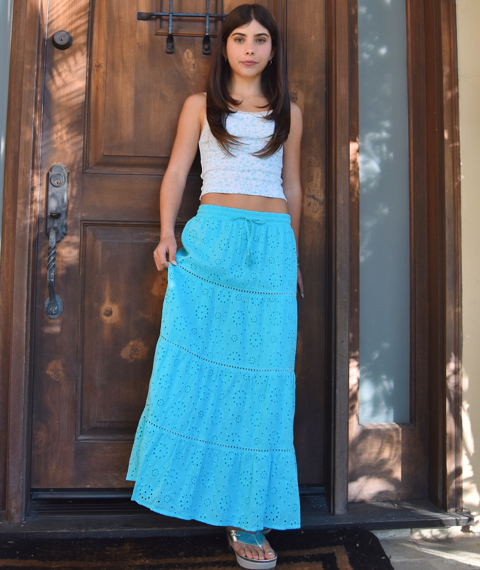 FBZ Girls Aria Neon Aqua Eyelet Maxi Skirt Girls Casual Bottoms FBZ Flowers By Zoe