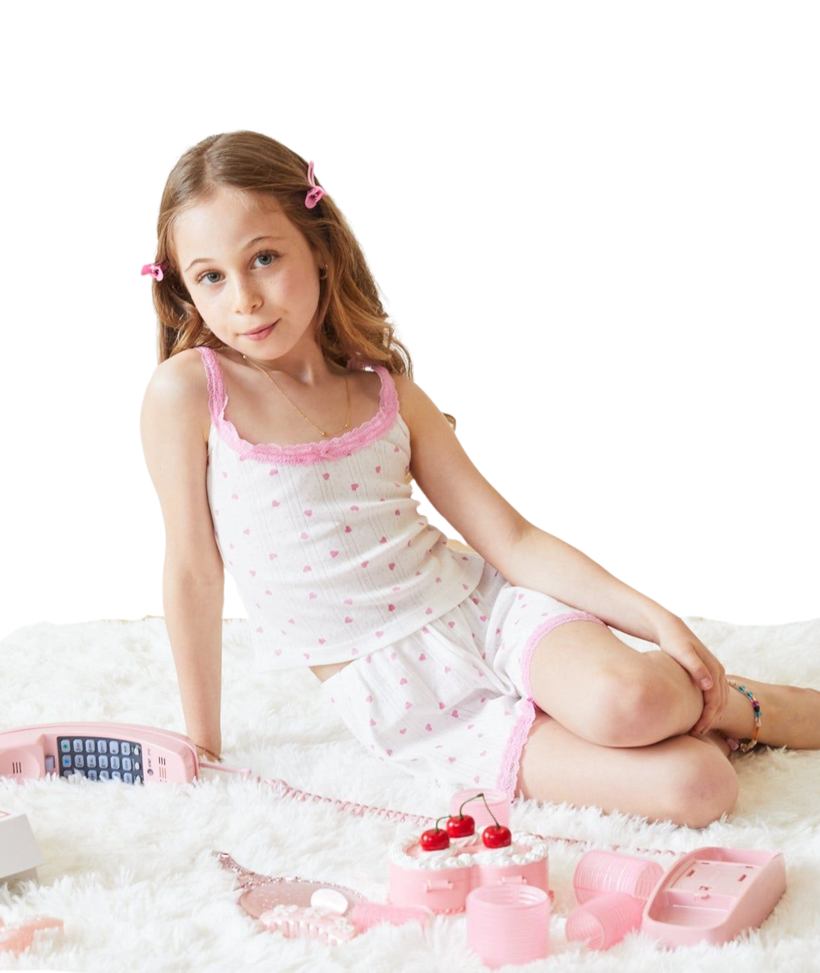 Theme Girl Lizzie White With Pink Hearts Pointelle Tank