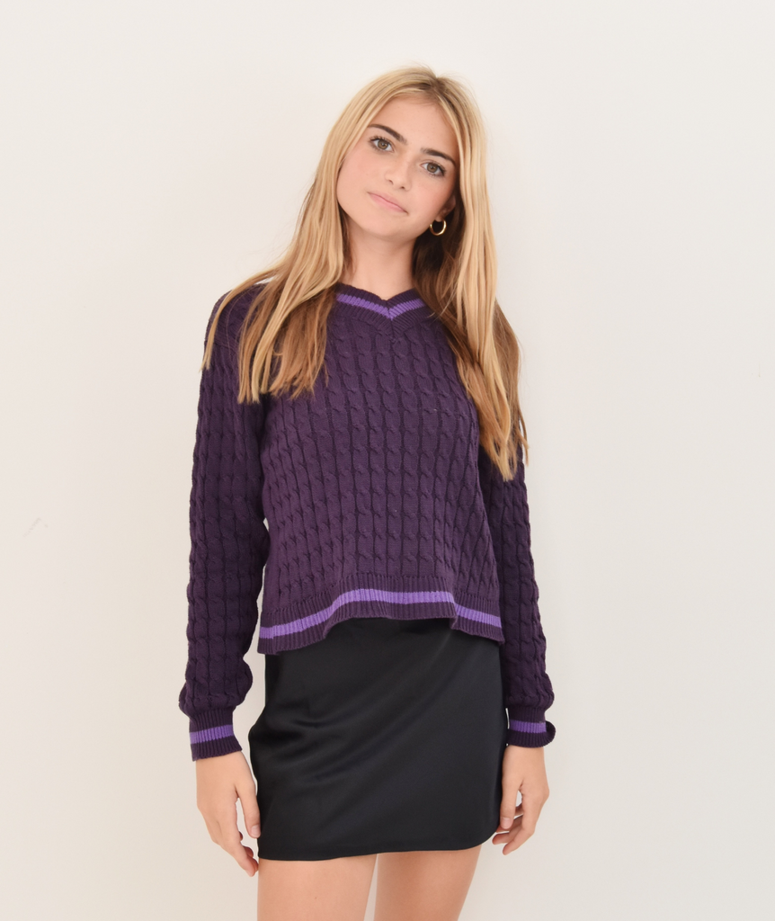 FBZ Girls Purple Cable V-Neck Sweater Distressed/seasonal girls FBZ Flowers By Zoe   