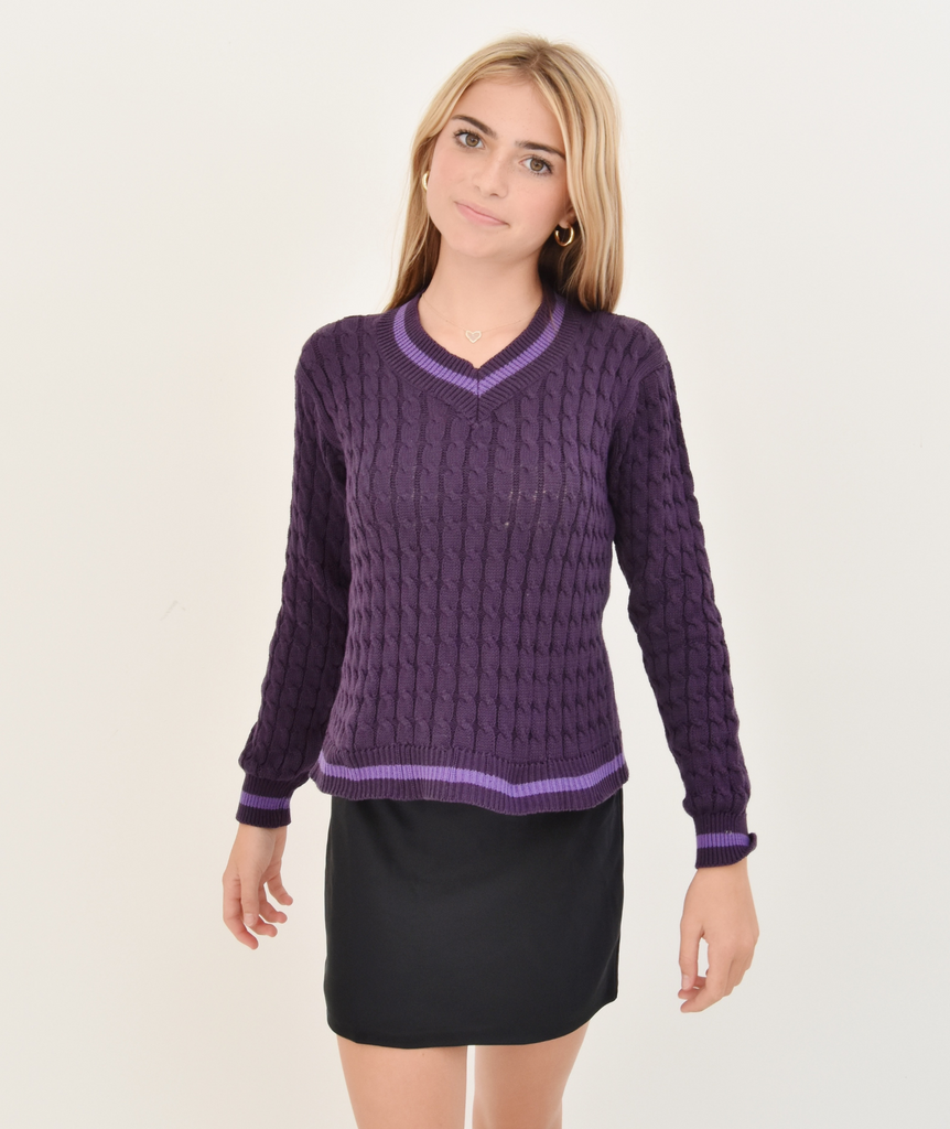 FBZ Girls Purple Cable V-Neck Sweater Distressed/seasonal girls FBZ Flowers By Zoe   