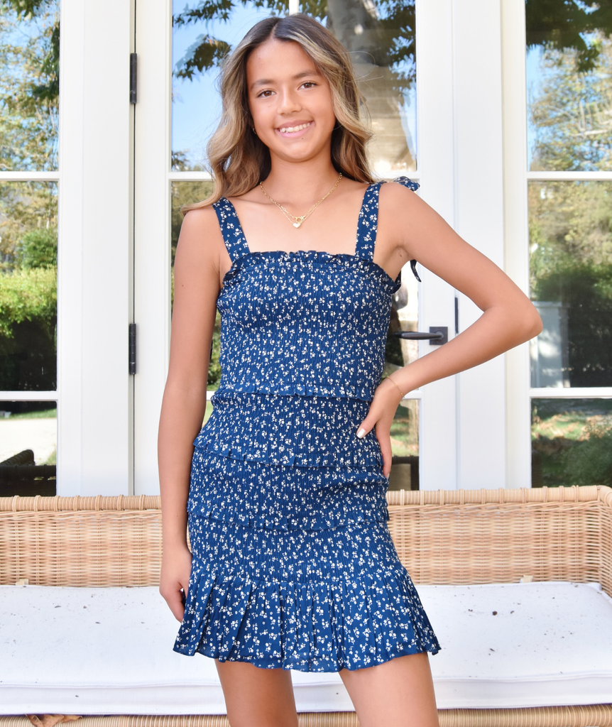 Katie J NYC Girls Evening Blue Ditsy Floral Evan Dress Girls Casual Dresses Katie J NYC   