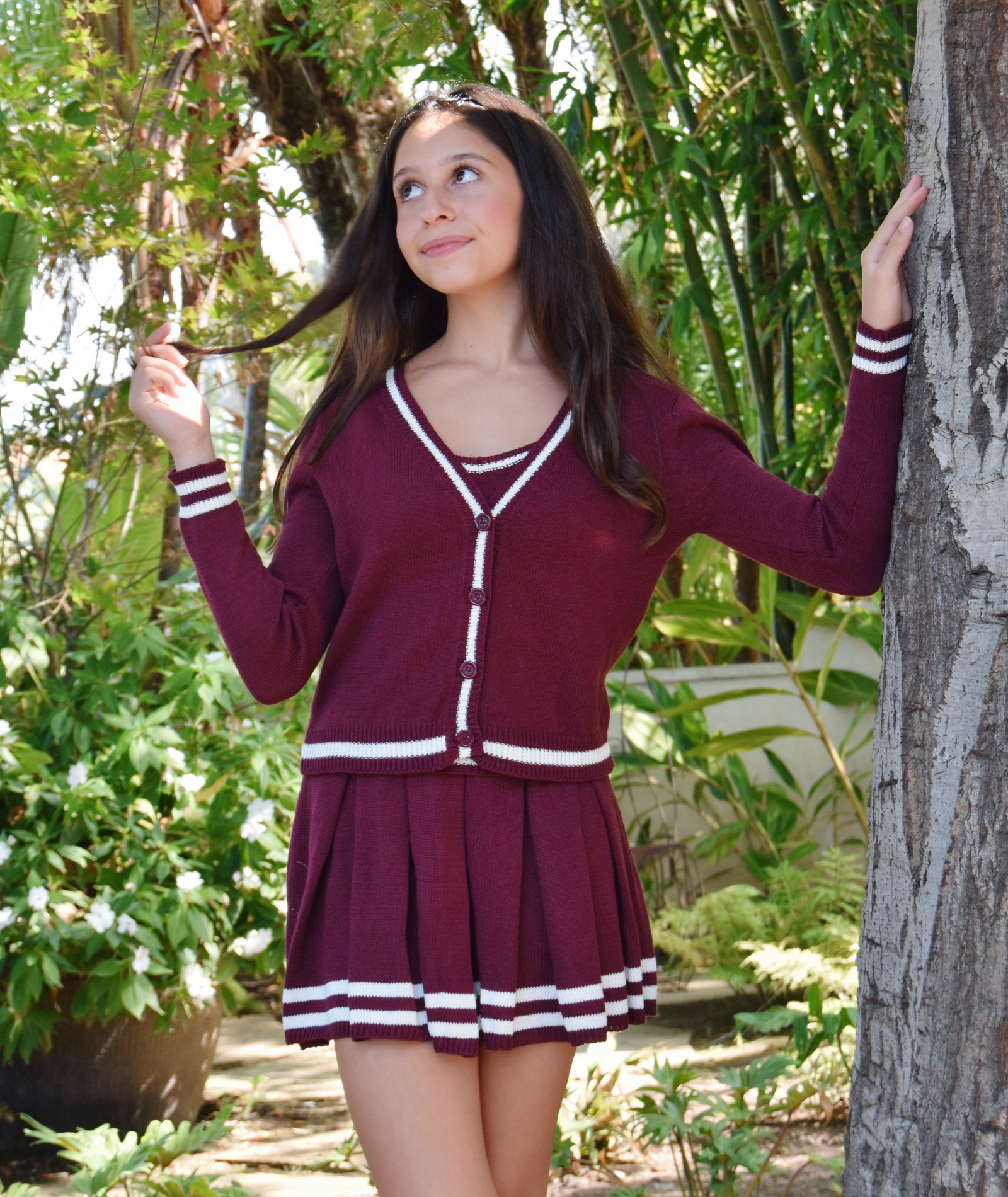 FBZ Girls Blaire Burgundy Cardigan With White Trim