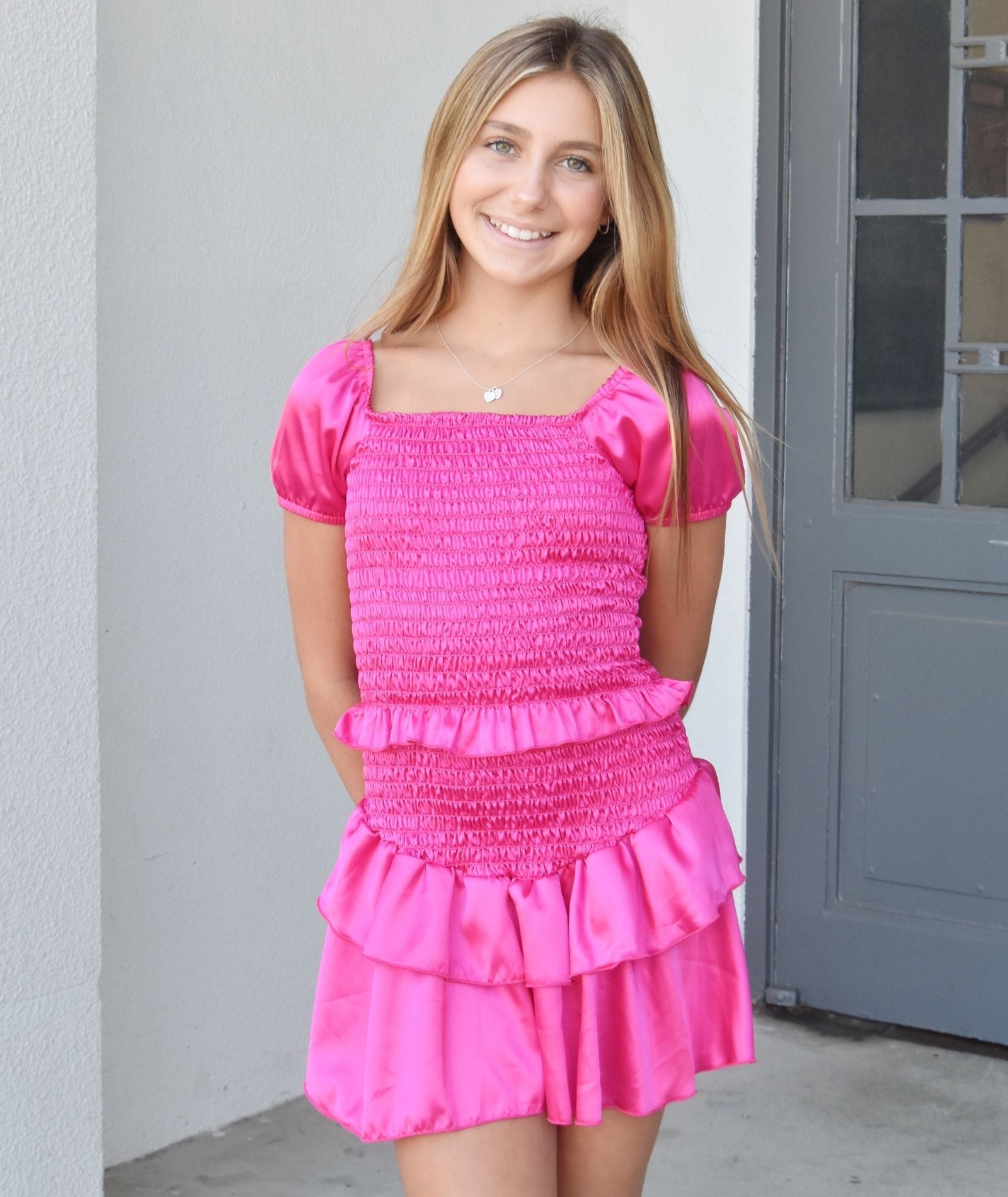 Cheryl Creations Girls Amber Smock Dress Distressed/seasonal girls Cheryl Creations Hot Pink Y/S (7/8)