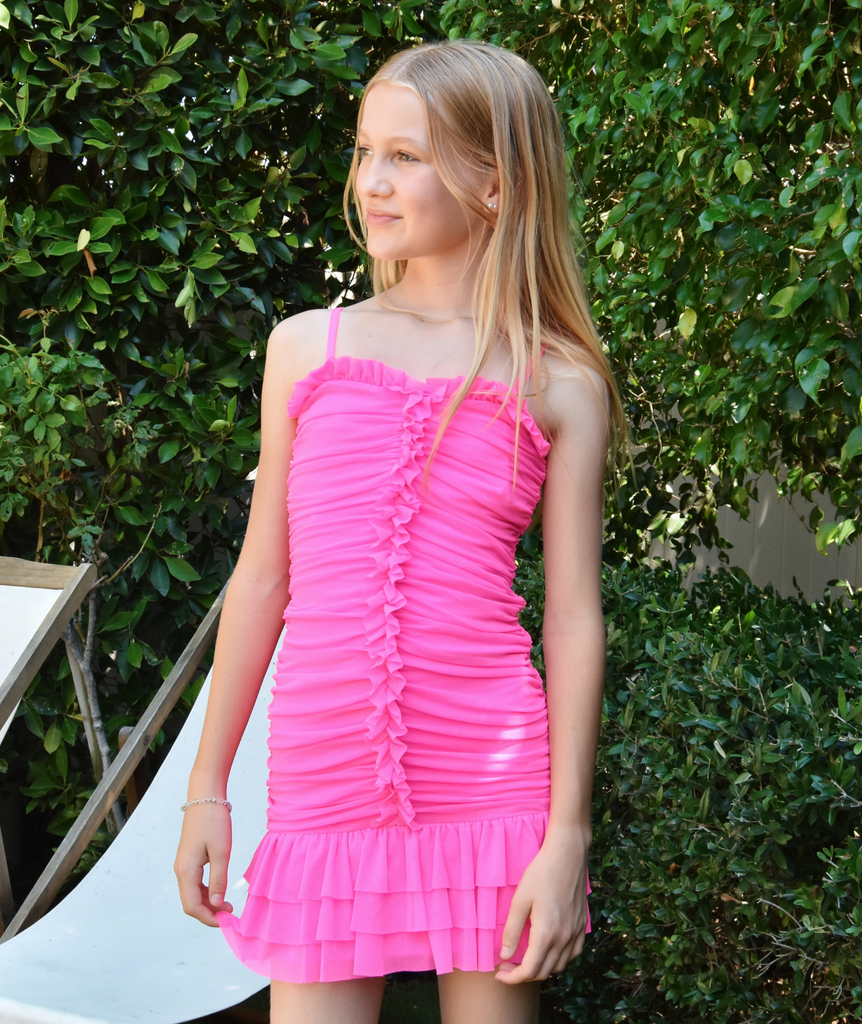 Katie J NYC Girls Mesh Ruffle Bobbi Dress Girls Casual Dresses Katie J NYC Hot Pink Y/S (7/8) 