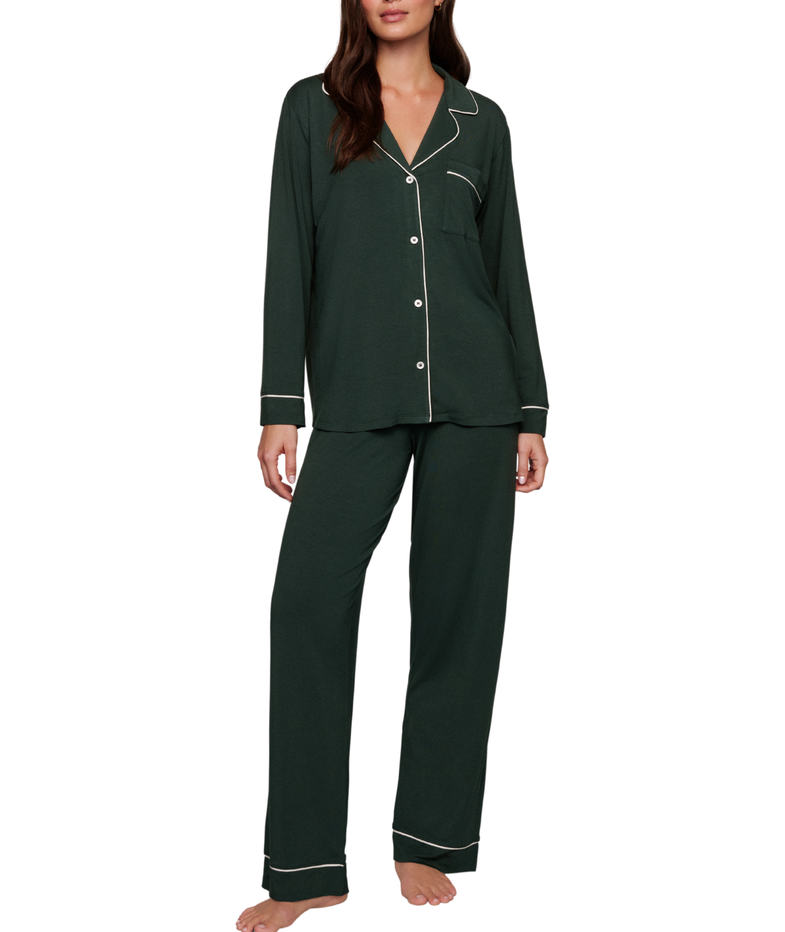 Eberjey Women Gisele Long PJ Set Pine/Ivory With Ribbon Accessories Eberjey