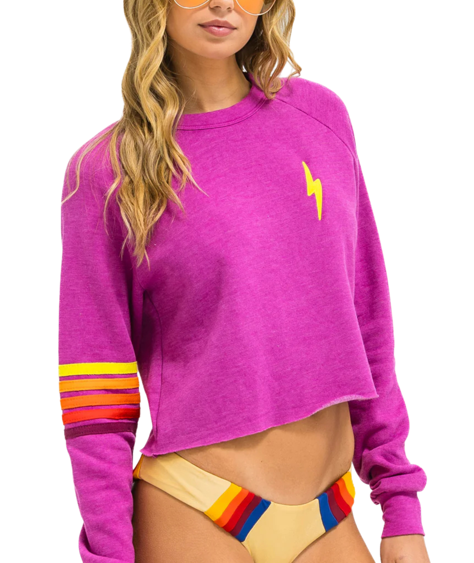 Aviator Nation Women Bolt Rugby Stitch Crop Crew Magenta/Orange Yellow Womens Casual Tops Aviator Nation