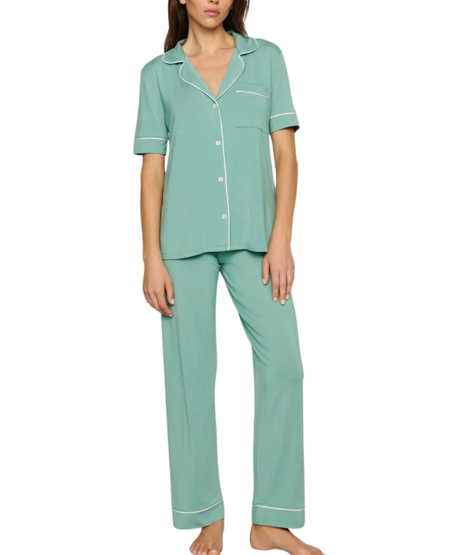 Eberjey Women Gisele Short Sleeve Pants PJ Set Seagrass/White Accessories Eberjey Green Juniors/Women XS