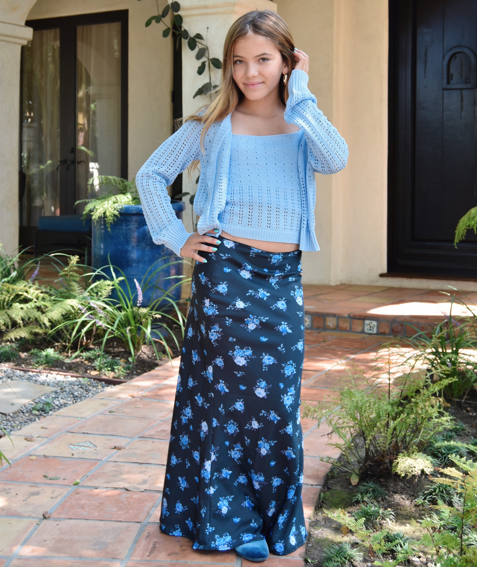 FBZ Girls Everley Blue Floral Sateen Maxi Skirt Girls Casual Bottoms FBZ Flowers By Zoe Floral Y/S (7/8)