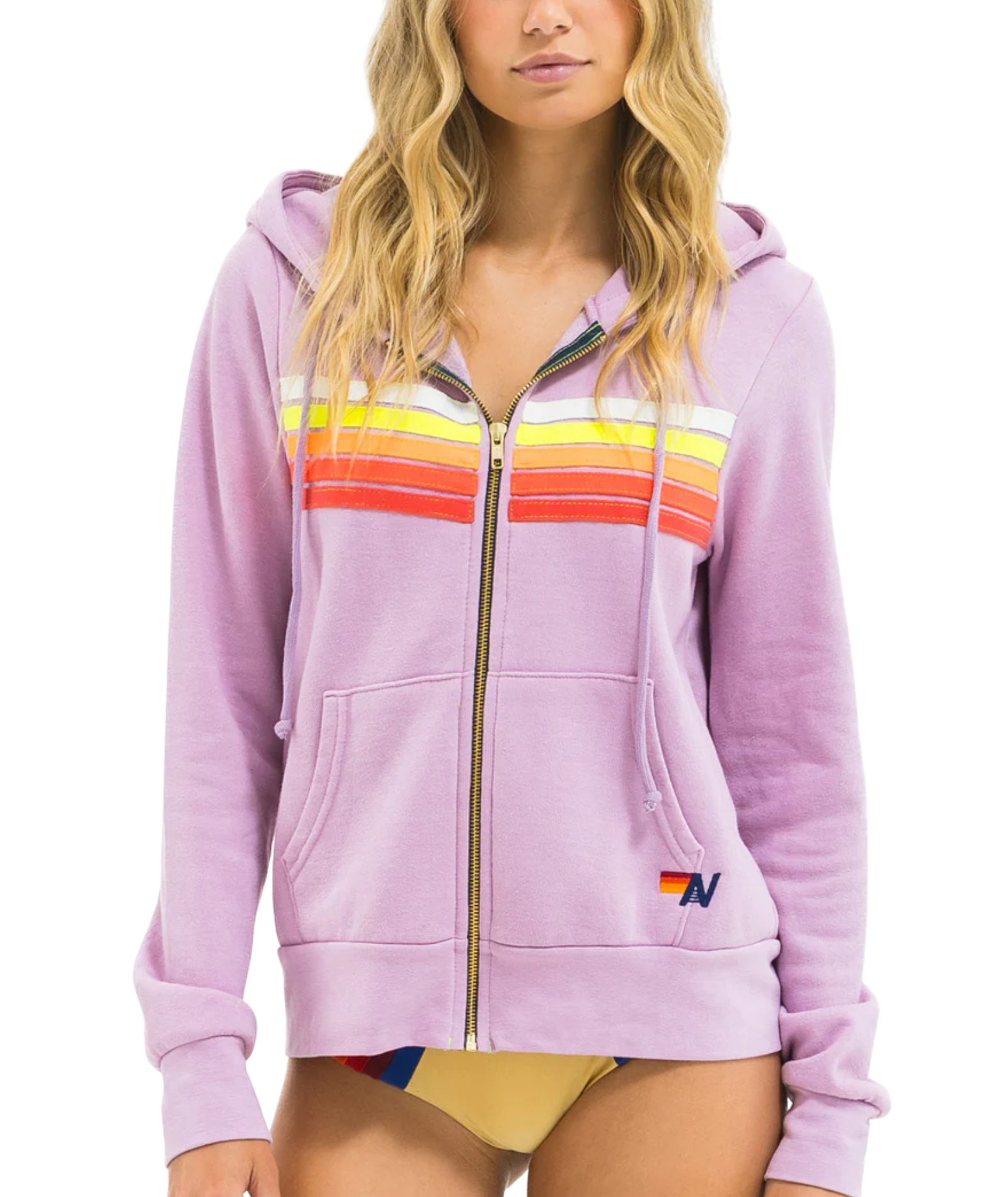 Aviator Nation Women 5 Stripe Zip Hoodie Mauve/White Neon Womens Casual Tops Aviator Nation Mauve Juniors/Women XS