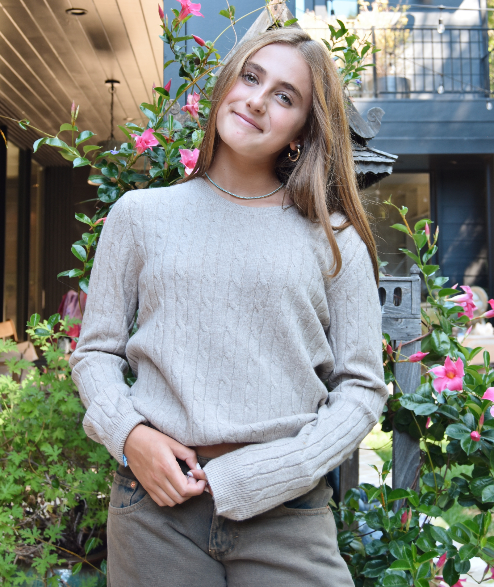 8apart Women Cleo Cable Crew Sweater Womens Casual Tops 8apart Taupe Juniors/Women S