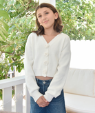 FBZ Girls Heather Pom Pom Cardigan Girls Casual Tops FBZ Flowers By Zoe Ivory Y/S (7/8)