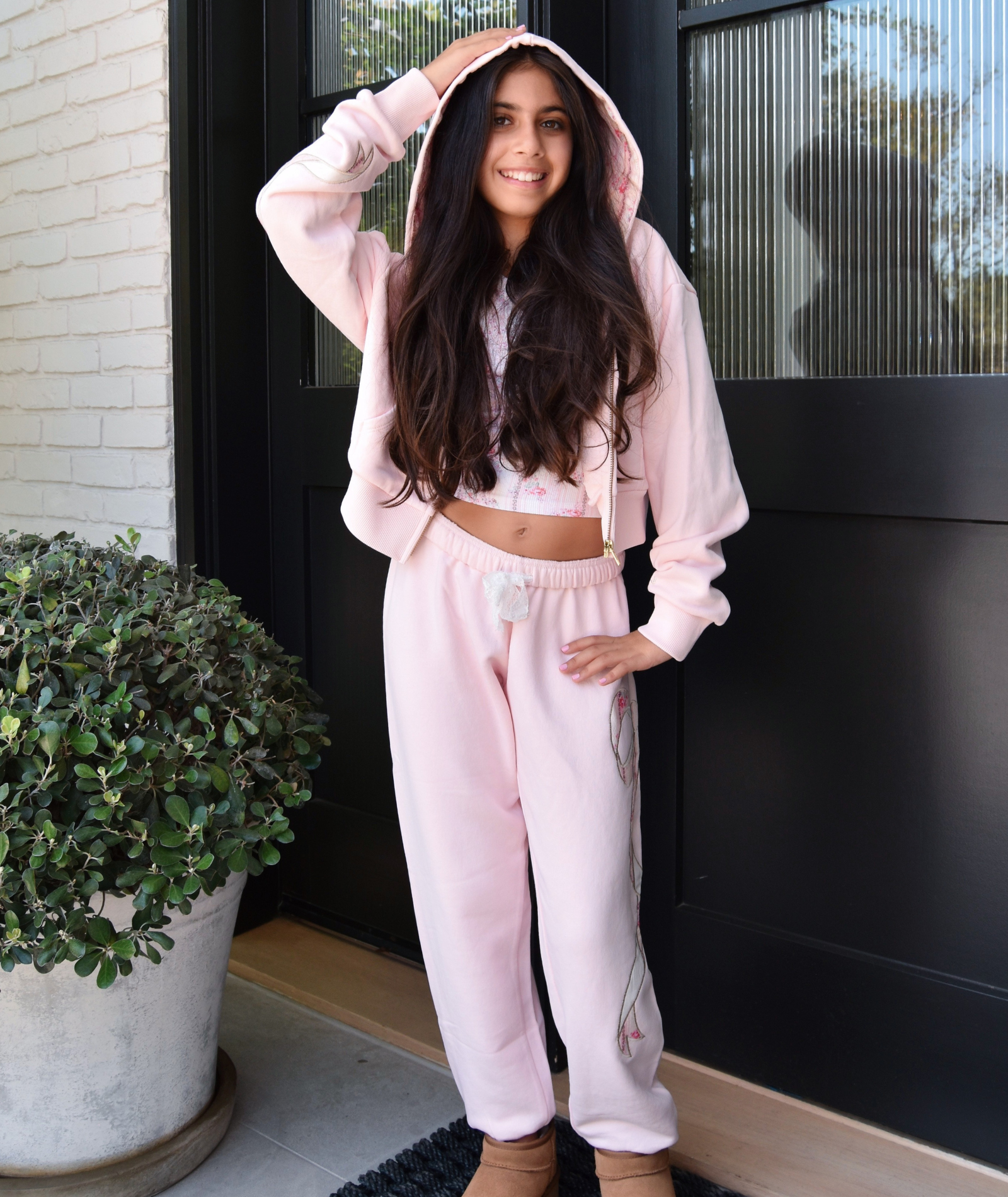 Katie J NYC Girls Dylan Bow Crop Zip Hoodie Pale Pink/Rose Floral Girls Casual Tops Katie J NYC Floral Y/S (7/8)