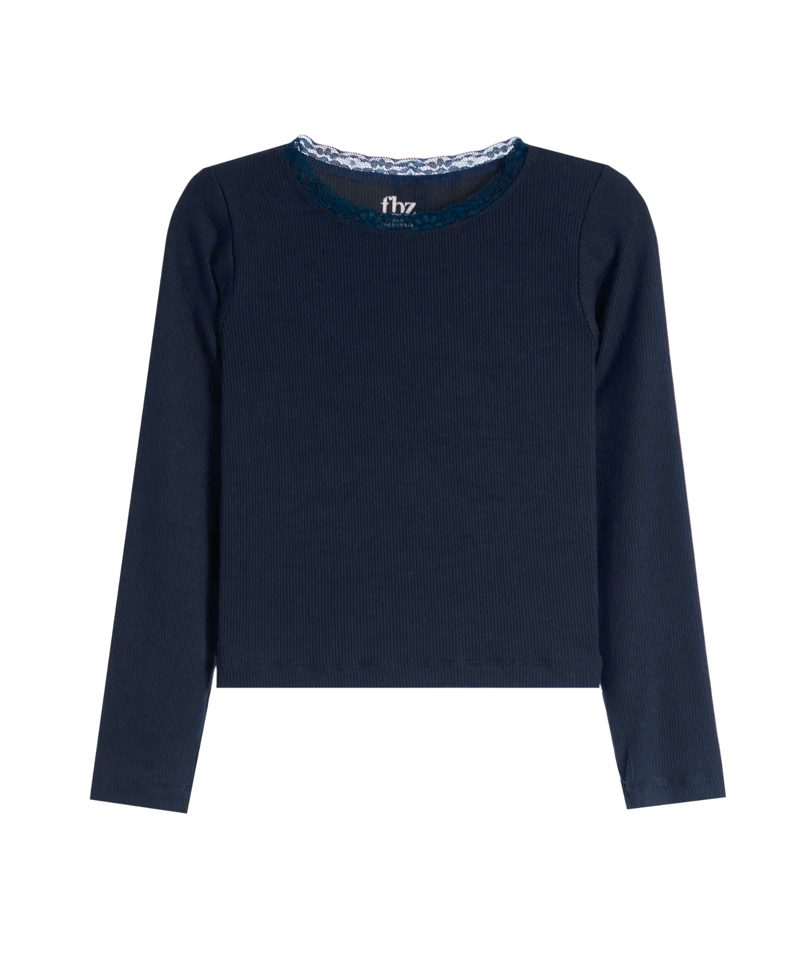 FBZ Girls Jeanie Long Sleeve Rib Tee With Lace Girls Casual Tops FBZ Flowers By Zoe Navy Y/S (7/8)