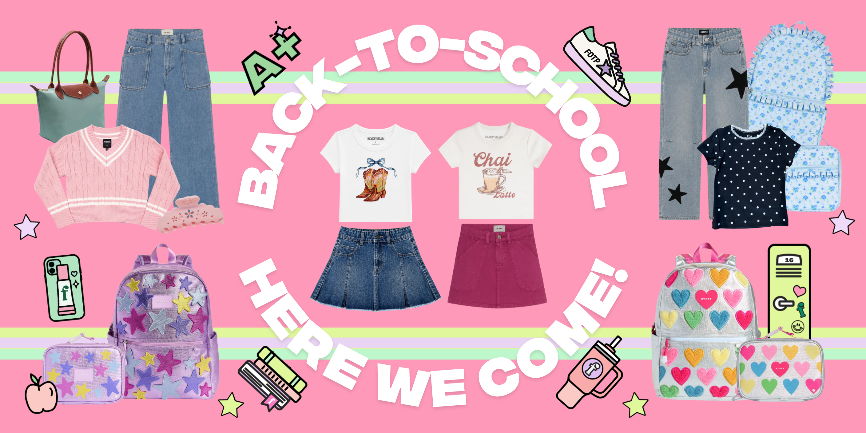 A pink back-to-school themed collage showing multiple coordinated clothing and accessory items, including jeans, t-shirts, backpacks, shoes, and bags, arranged around large white text reading 'BACK TO SCHOOL HERE WE COME!'.