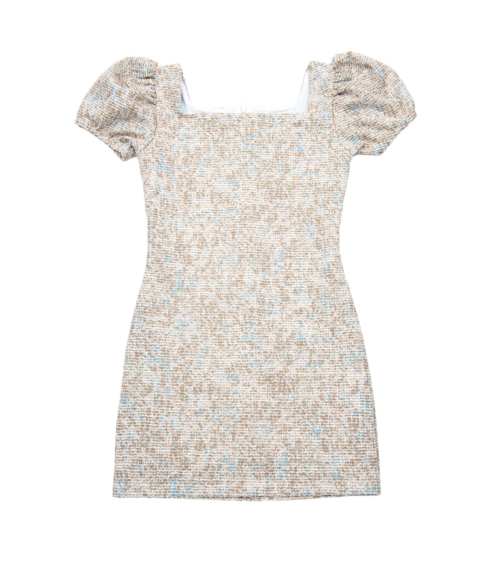 By Debra Girls Juliet Square Neck Puff Sleeve Dress Ivory/Blue Boucle