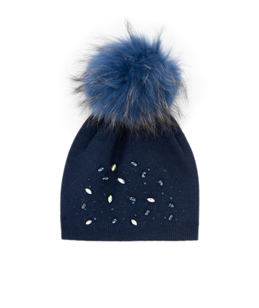 Maniere Mauve Navy Hat With Rhinestones and Light Blue Pom Accessories Maniere   