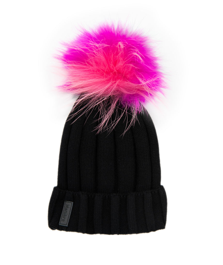 Maniere Black Ribbed Merino Wool Hat With Cotton Candy Pom Accessories Maniere   