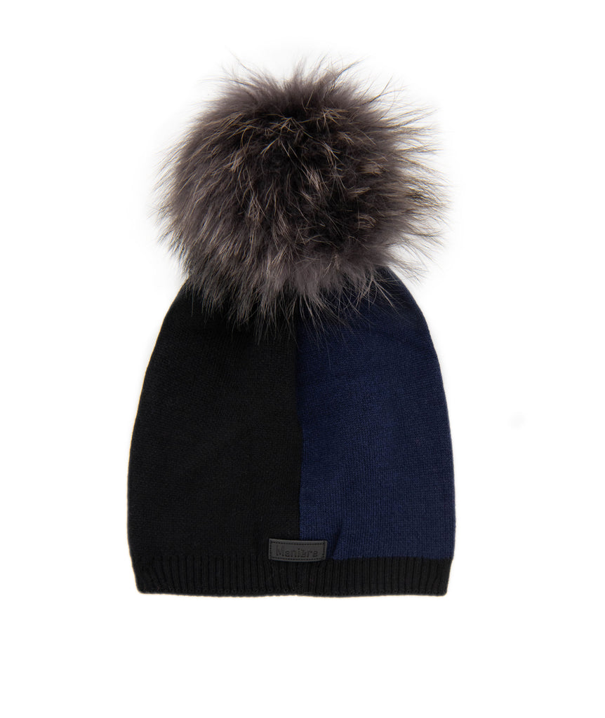 Maniere Navy/Black Color Block Knit Hat With Charcoal Pom Accessories Maniere   