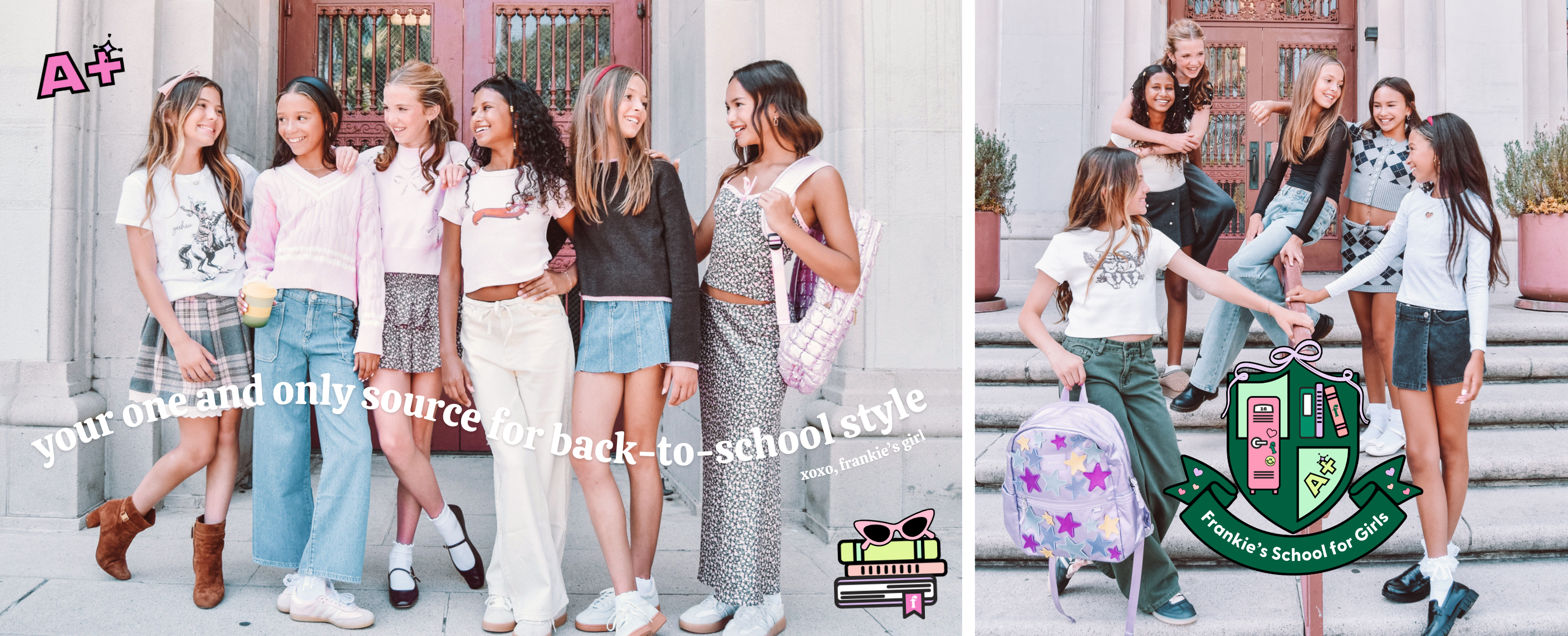 Girls dressed up for the first day of school giggle and chat with one another at Frankie's School for Girls. Your one and only source for Back-to-School style! Xoxo, Frankie's Girl