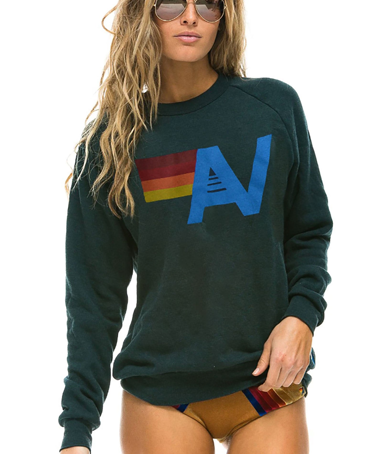 Aviator Nation Women Logo Crew Sweatshirt Womens Casual Tops Aviator Nation Charcoal Juniors/Women XS 
