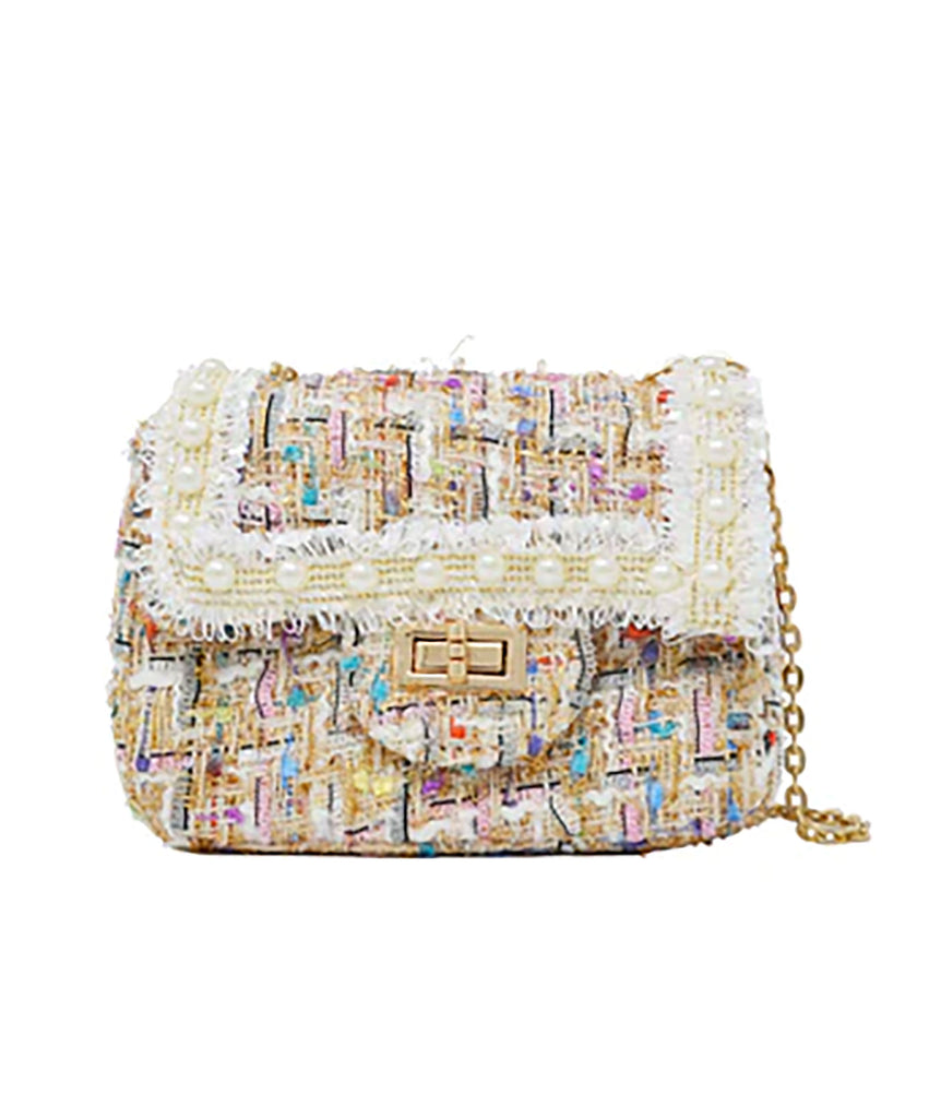 Zomi Classic Tweed Handbag With Pearls Accessories Zomi Gems White  
