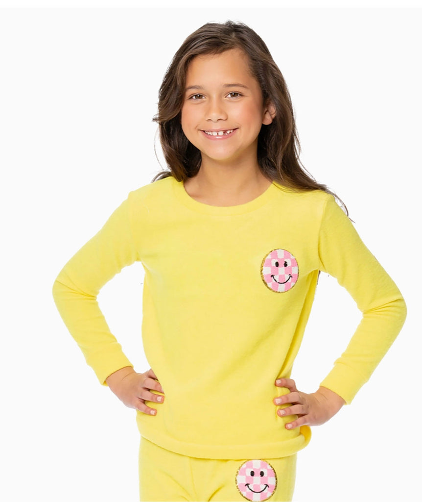 Malibu Sugar Girls Checkered Smiley Supersoft Crew Sweatshirt Girls Casual Tops Malibu Sugar Yellow Y/S (7/8) 