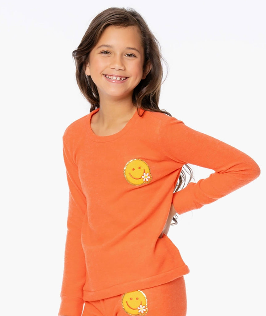 Malibu Sugar Girls Checkered Smiley Supersoft Crew Sweatshirt Girls Casual Tops Malibu Sugar Orange Y/S (7/8) 