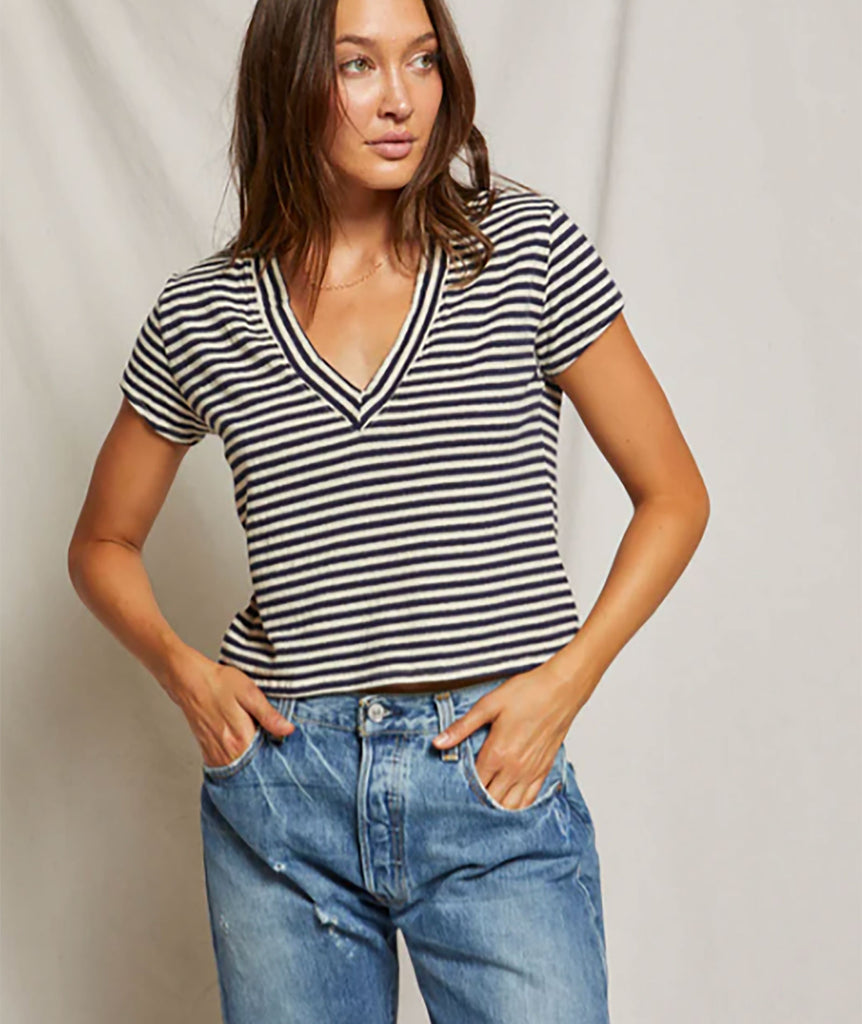 Perfect White Tee Women Alanis Navy Striped Recycled V-Neck Womens Casual Tops Perfect White Tee   