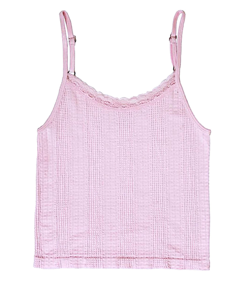 Brandy Lace Trim Tank Juniors Womens Casual Tops Suzette Pink Juniors/Women XS/S 