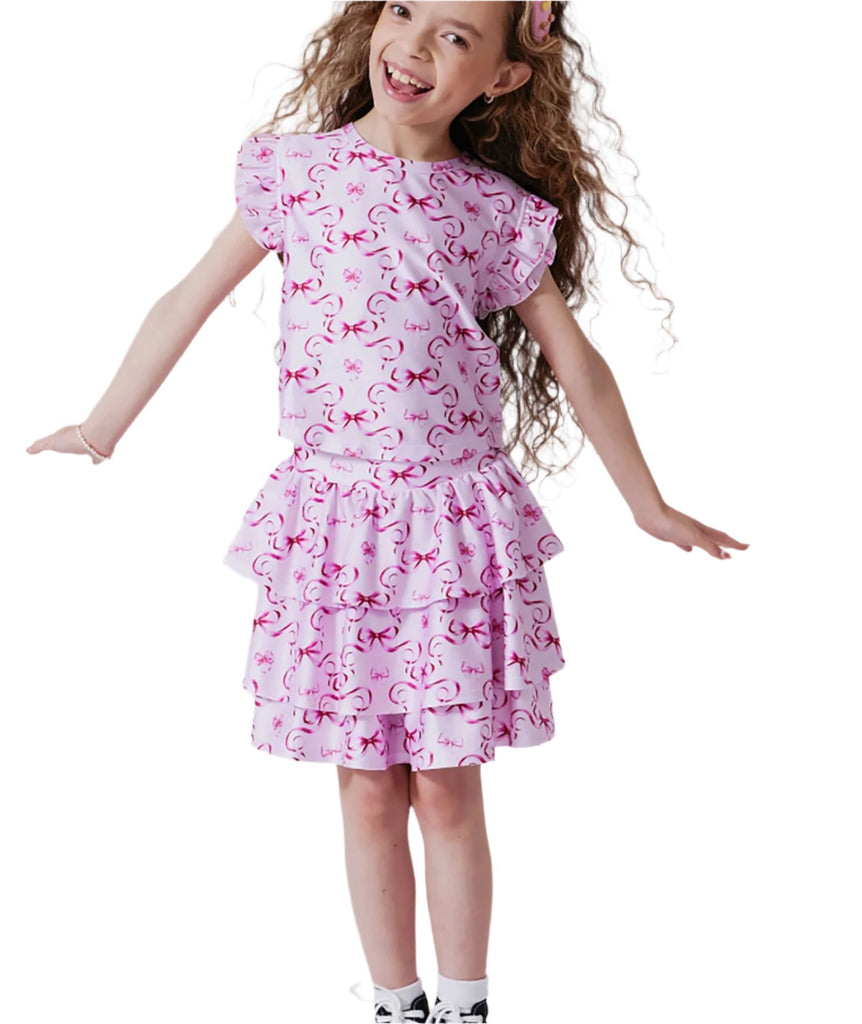 Terez Girls Pink Bows Hi Shine Tiered Skirt Girls Casual Bottoms Terez   