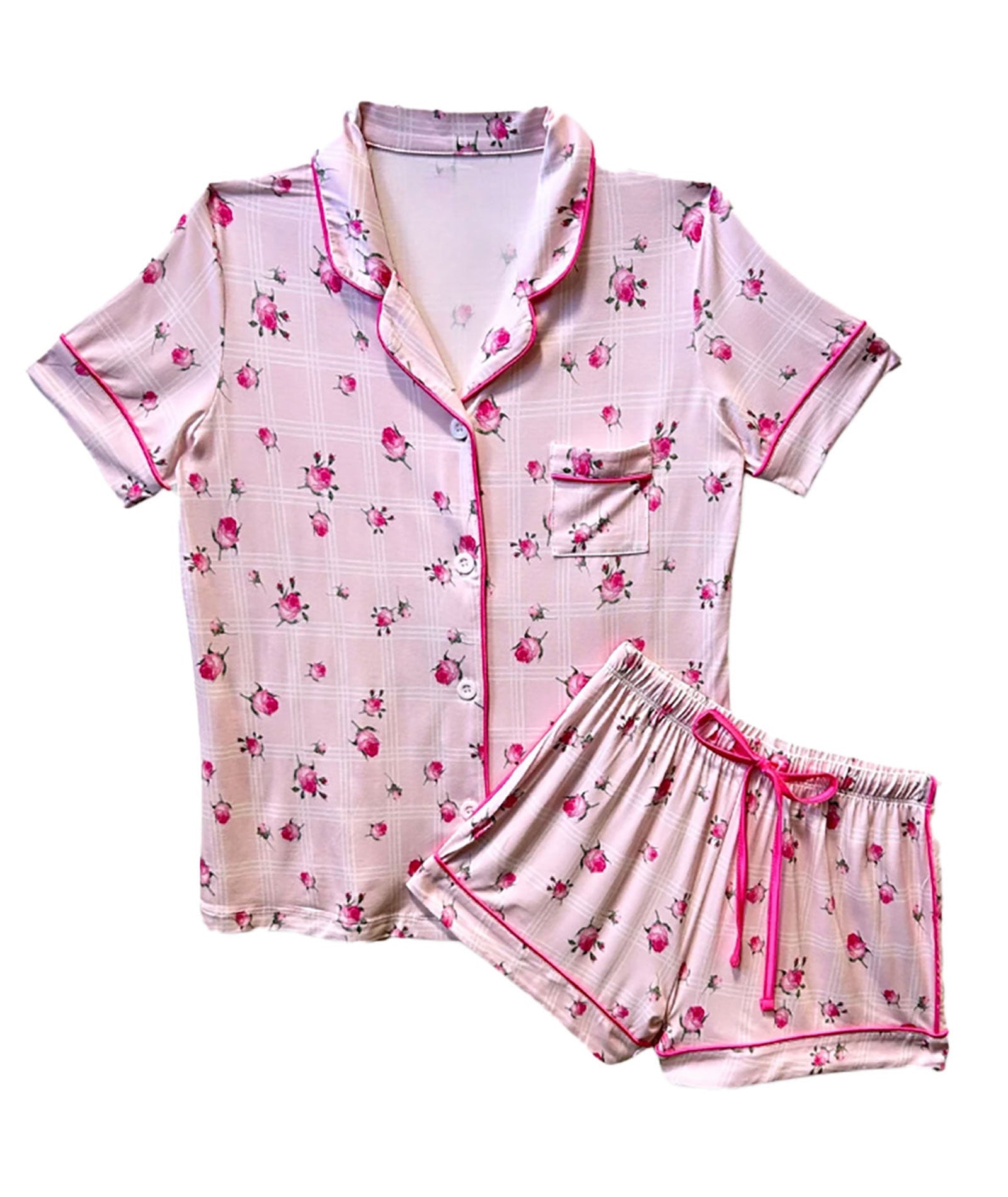 Katie J NYC Juniors Pink Rosebud Plaid Lynn Shorts PJ Set Accessories Katie J NYC Floral Juniors/Women XXS