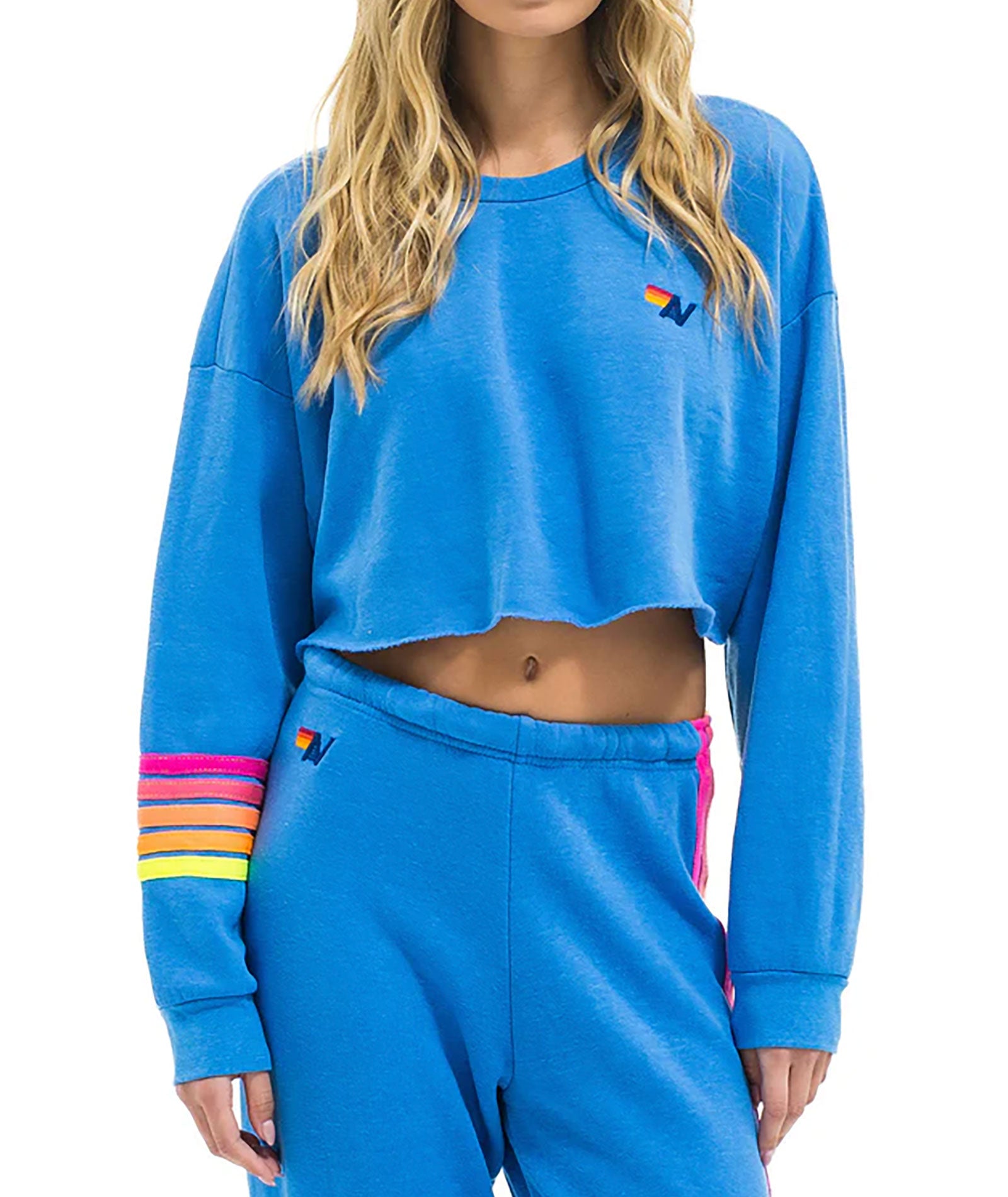 Aviator Nation Women Rugby Stitch Relaxed Crop Crew Cobalt/Neon Womens Casual Tops Aviator Nation Cobalt Juniors/Women XS