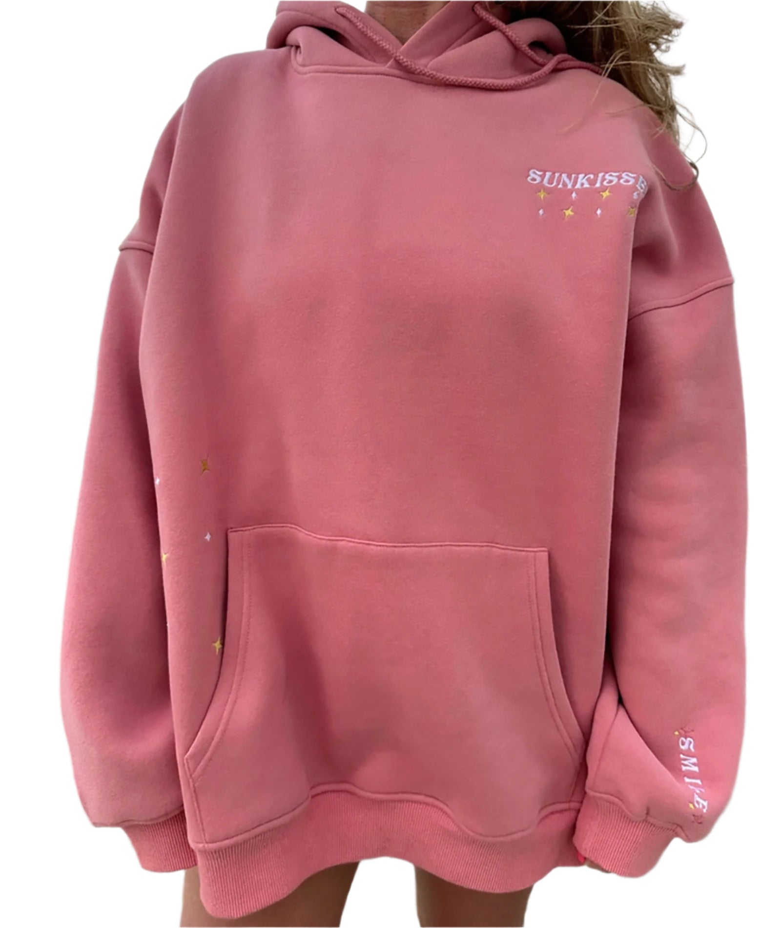 Sunkissed Coconut Juniors Embroidered Van Hoodie Salmon Pink Womens Casual Tops Sunkissed Coconut Pink Juniors/Women XS