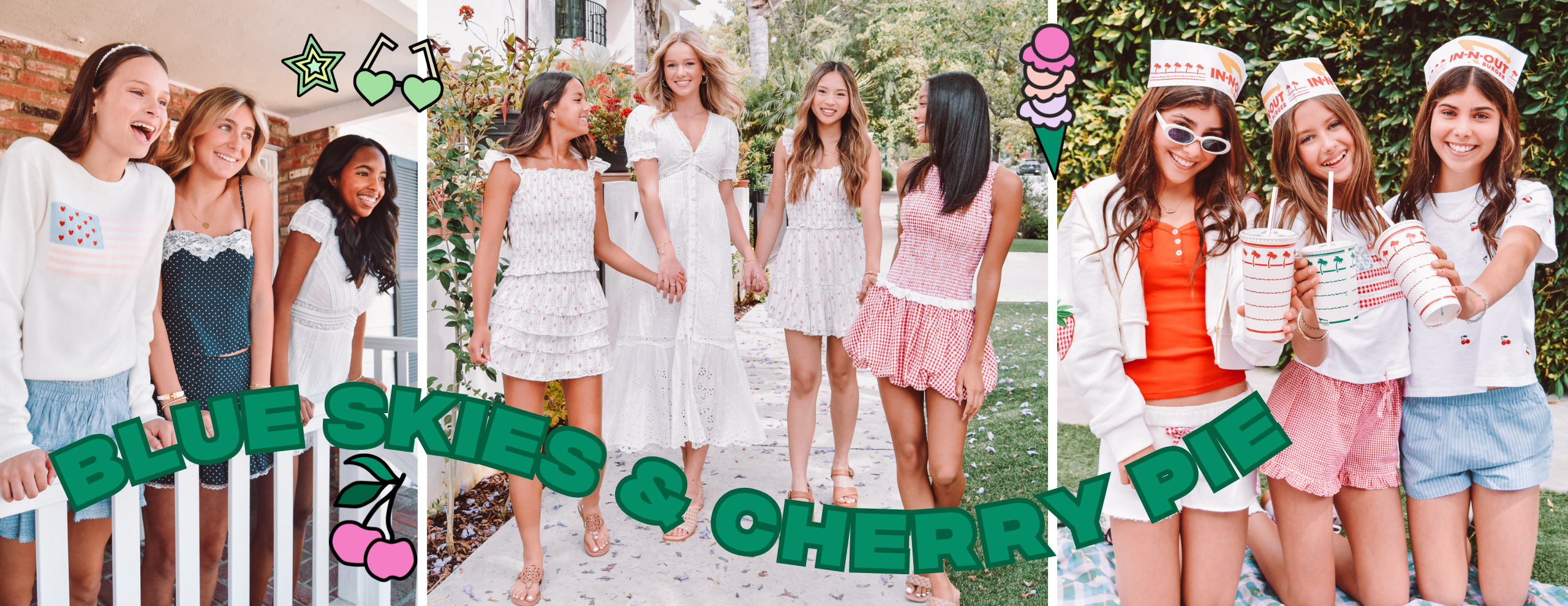 Girls in red, white, and blue outfits celebrating summer with their friends.